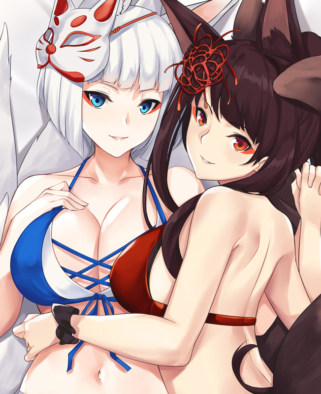 2girls akagi_(azur_lane) akagi_(paradise_amaryllis)_(azur_lane) animal_ears azur_lane bangs bikini black_hair blunt_bangs breasts cleavage collarbone eyeliner fox_ears fox_mask fox_tail holding_hands kaga_(azur_lane) kaga_(everlasting_killing_stone)_(azur_lane) kitsune large_breasts light-skinned_female light_skin long_hair looking_at_viewer makeup mask mask_on_head multiple_girls multiple_tails red_eyes sakura_empire_(azur_lane) short_hair swimsuit tail tony_guisado white_hair wrist_scrunchie