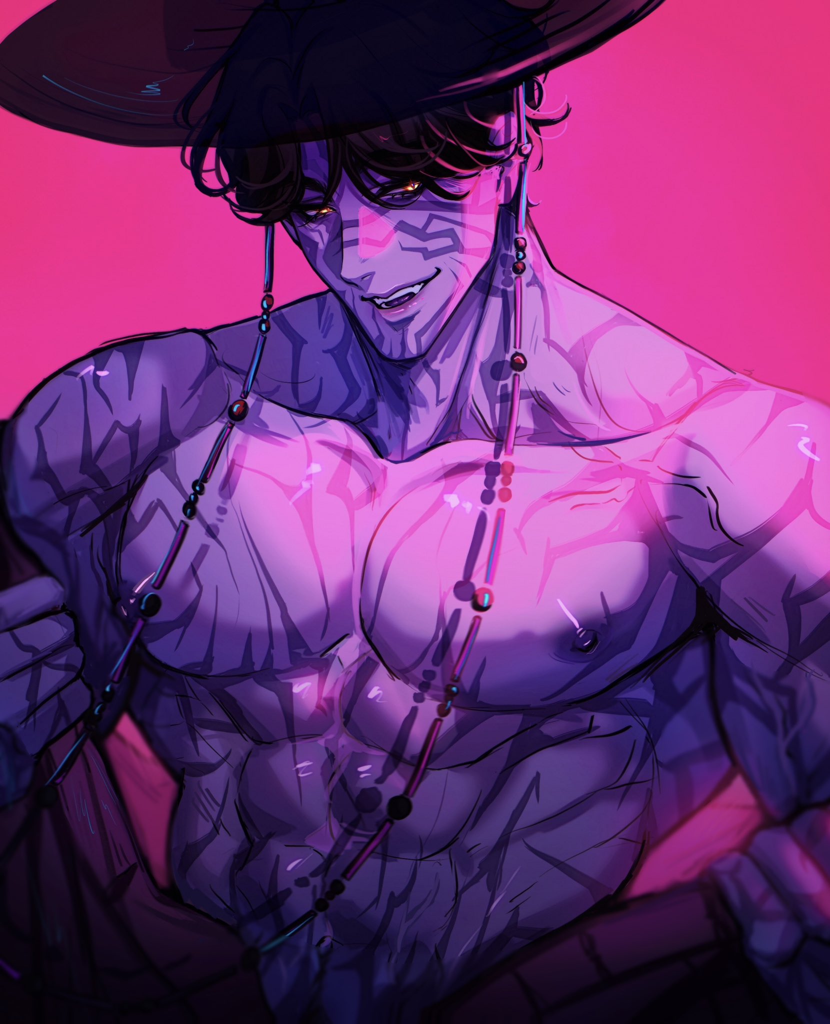bara, demon, female, gay, grabbing legs, jinu (kpop demon hunters), kinzlev, legs held open, legs open, legs spread, legs up, male, markings, missionary position, muscular, muscular male, offscreen female, purple skin, saja boys, solo male, spanning hat, traditional clothes, yaoi