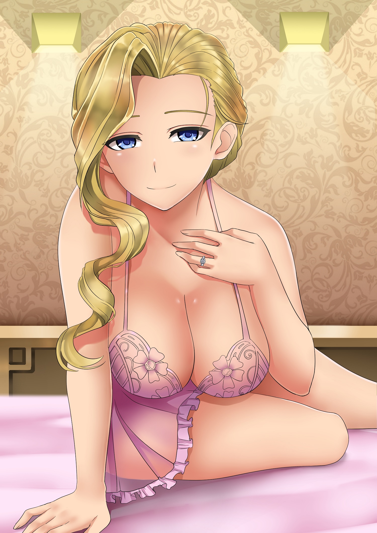 1girls, artist request, azur lane, blonde hair, blue eyes, blush, breasts, cleavage, female, hair over shoulder, highres, hood (azur lane), jewelry, large breasts, light smile, lingerie, long hair, looking at viewer, negligee, nightgown, on bed, pink bra, ring, see-through, see-through lingerie, sitting, sitting on bed, smile, tagme, underwear, wedding ring, yokozuwari