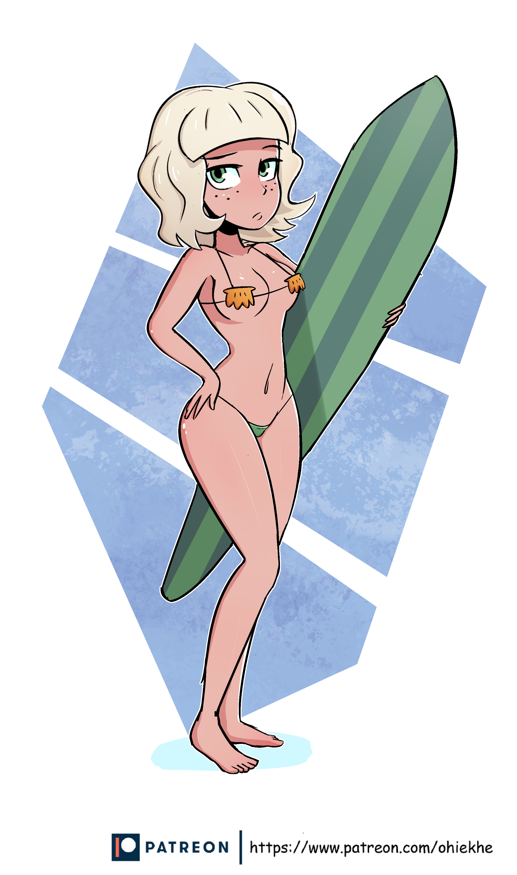 bikini, blonde hair, dark skin, dark-skinned female, disney, disney channel, disney xd, female, female only, frown, green eyes, hand on hip, jackie lynn thomas, ohiekhe, shell bra, solo, standing, star vs the forces of evil, straight hair, surfboard