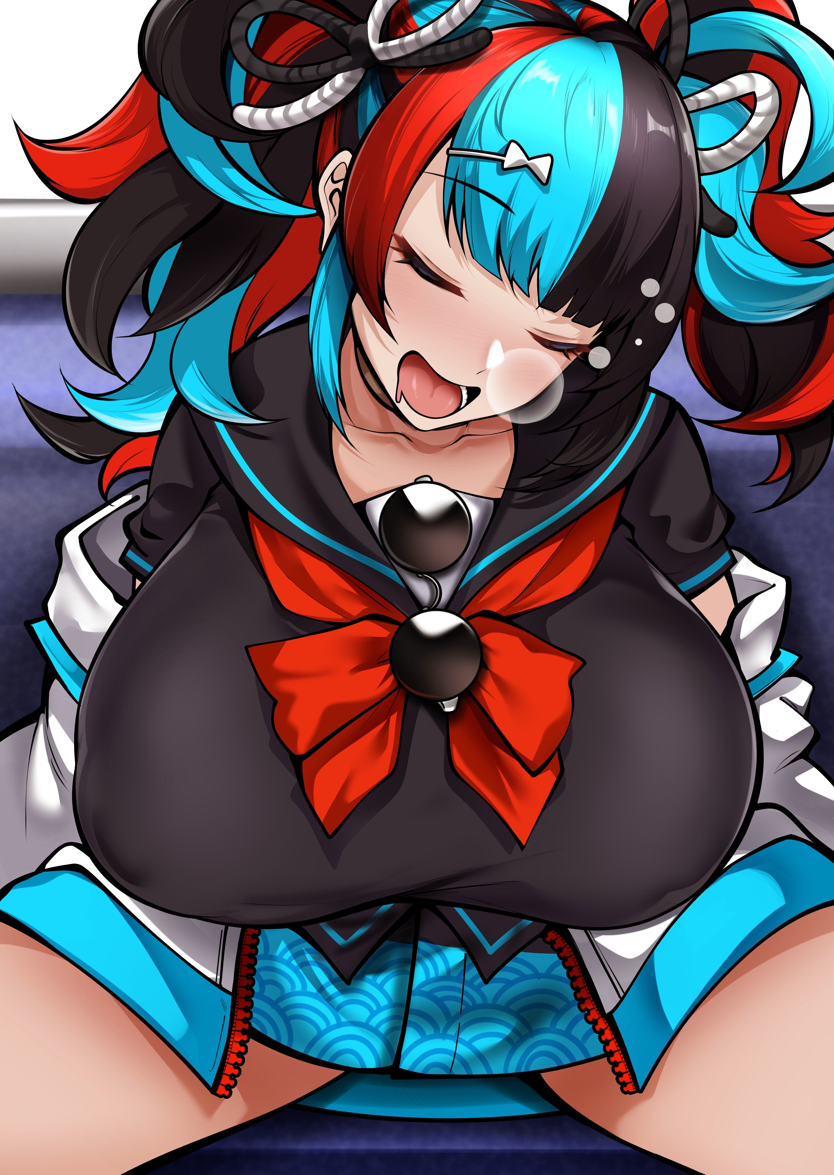 1girls, blush, breasts, breasts bigger than head, closed eyes, curvy figure, fate (series), fate/grand order, female, female focus, fully clothed, huge breasts, multicolored hair, owner (artist), school uniform, sei shounagon (fate), short skirt, sleeping, solo female, spread legs, thick thighs, twintails