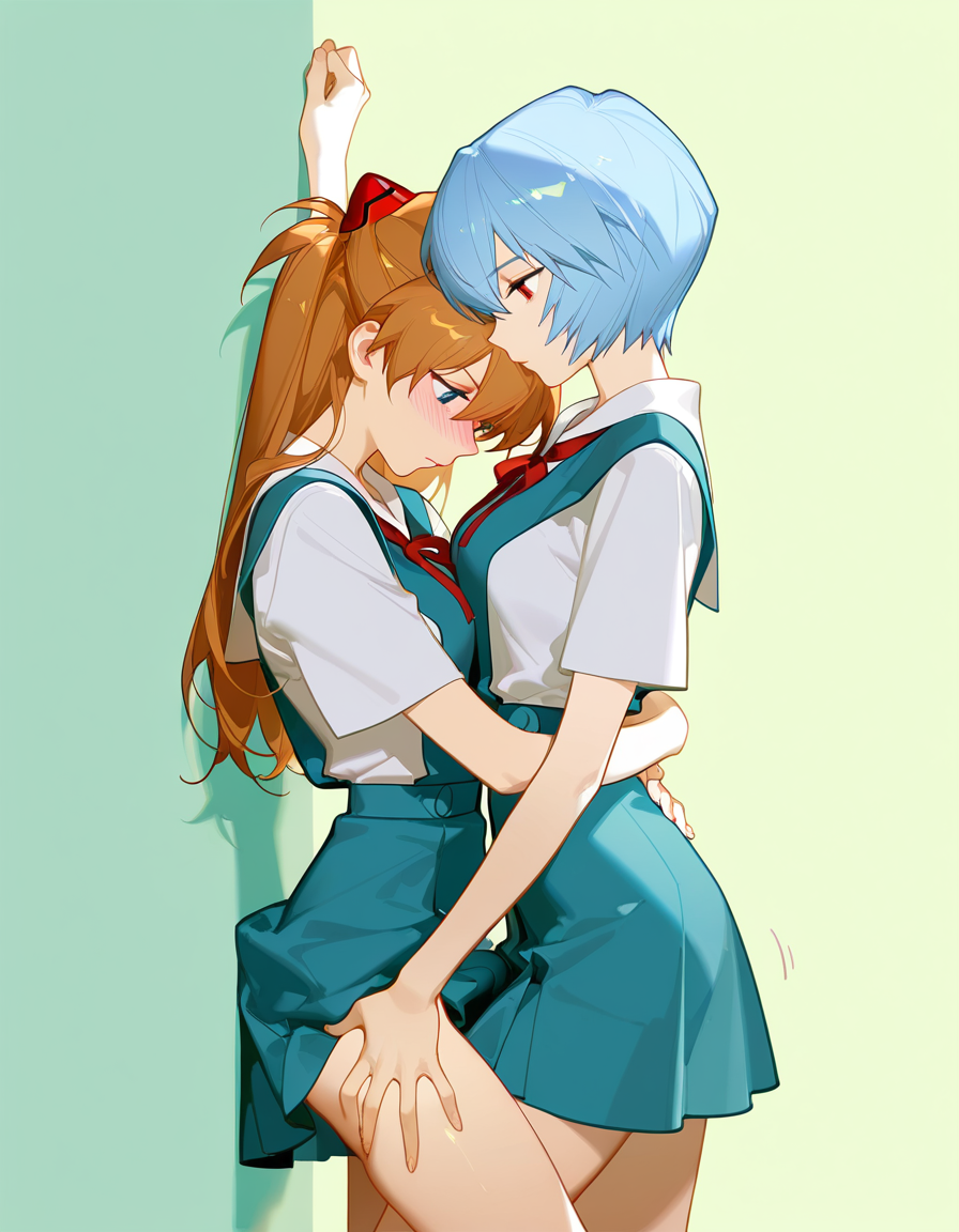 2girls, ai generated, asuka langley sohryu, female, neon genesis evangelion, only female, plugsuit, rei ayanami, seifuku, yuri