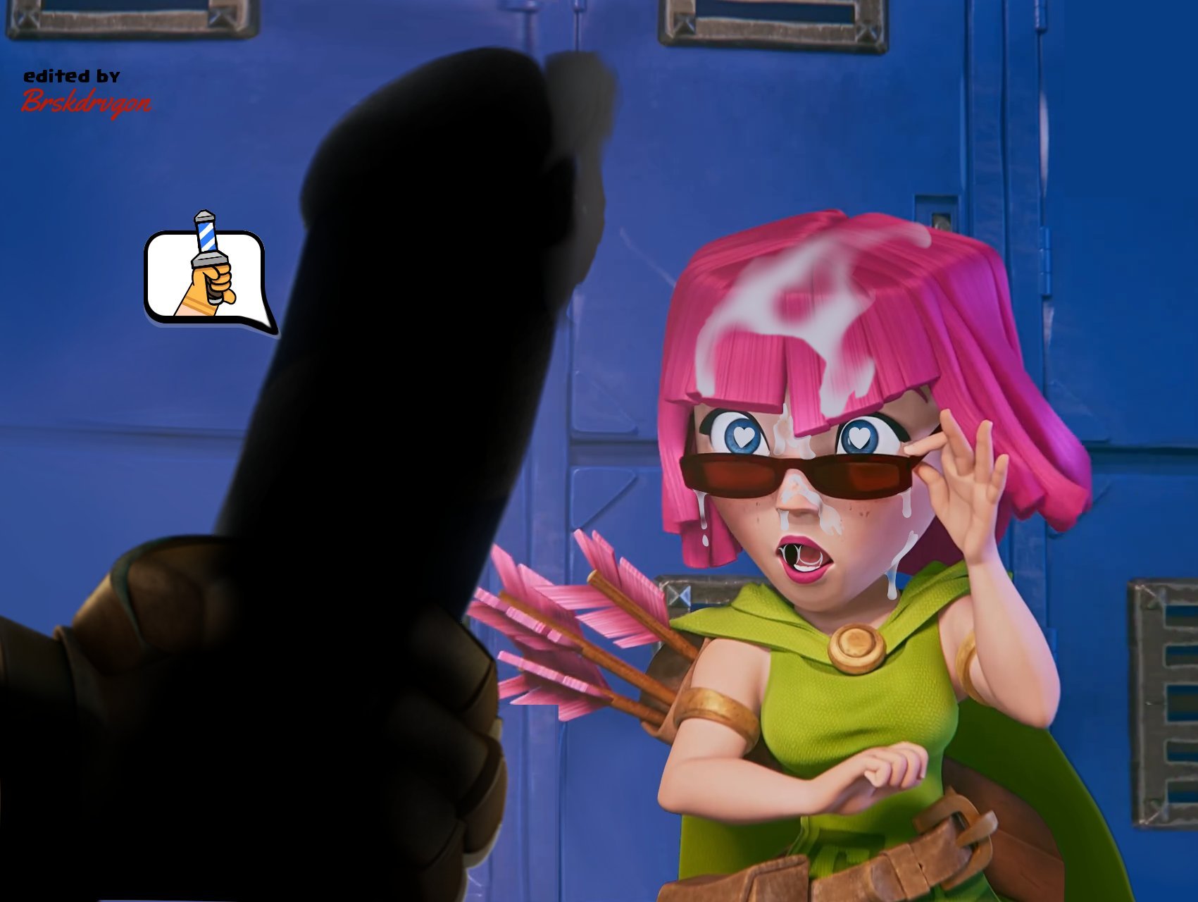 2d, 2d (artwork), adjusting eyewear, archer (clash of clans), brskdrvgon, clash (series), clash royale, clothed, clothed female, clothing, cum, cum on hair, cum on penis, cumshot, edit, edited, edited official artwork, female, heart, heart eyes, heart-shaped pupils, holding, holding penis, lipstick, looking at penis, looking over eyewear, looking over sunglasses, penis, pink hair, pink lipstick, prince (clash royale), shadow, shadowy figure, shocked, shocked expression, sunglasses, tinted eyewear