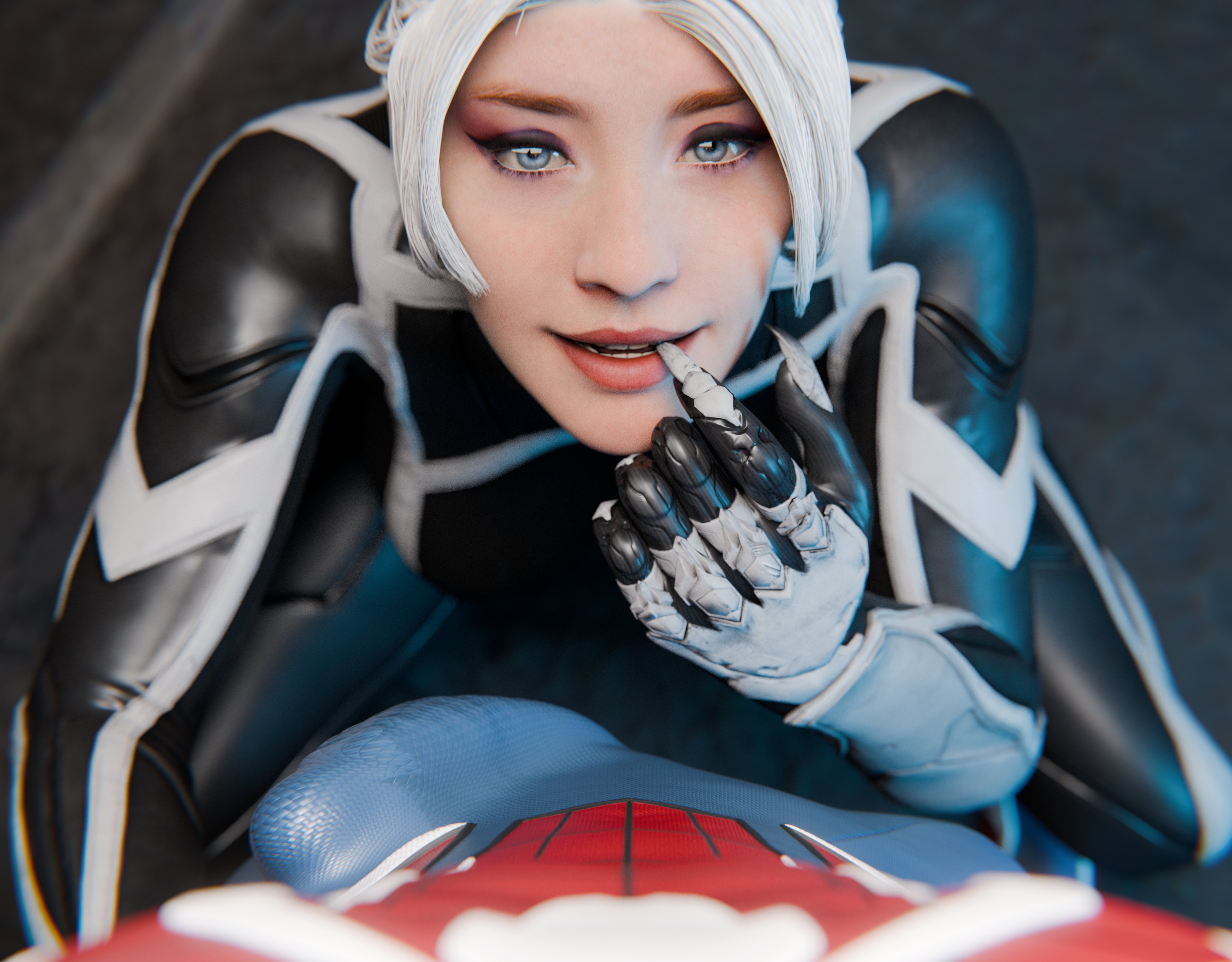 1boy, 1boy1girl, 1girl1boy, 1girls, 2025, 3d, 3d (artwork), athletic, athletic male, black cat (insomniac), black cat (marvel), blue eyes, bodysuit, bulge, cabezadeperro00, couple, couple (romantic), couple sex, couples, eyeshadow, felicia hardy, female, high resolution, highres, imminent sex, light skin, light-skinned female, light-skinned male, looking at partner, looking at viewer, male, marvel, marvel comics, night, penis bulge, peter parker, ponytail, pov, ready for sex, ready to fuck, red lipstick, romantic, romantic couple, romantic sex, rooftop, seductive, seductive look, shiny, shiny clothes, skin tight, spider-man, spider-man (insomniac series), spider-man (insomniac), spider-man (series), squatting, squatting female, squatting position, superhero, superhero couple, superheroine, tight clothes, tight clothing, unmasked, voluptuous, voluptuous female, white fur