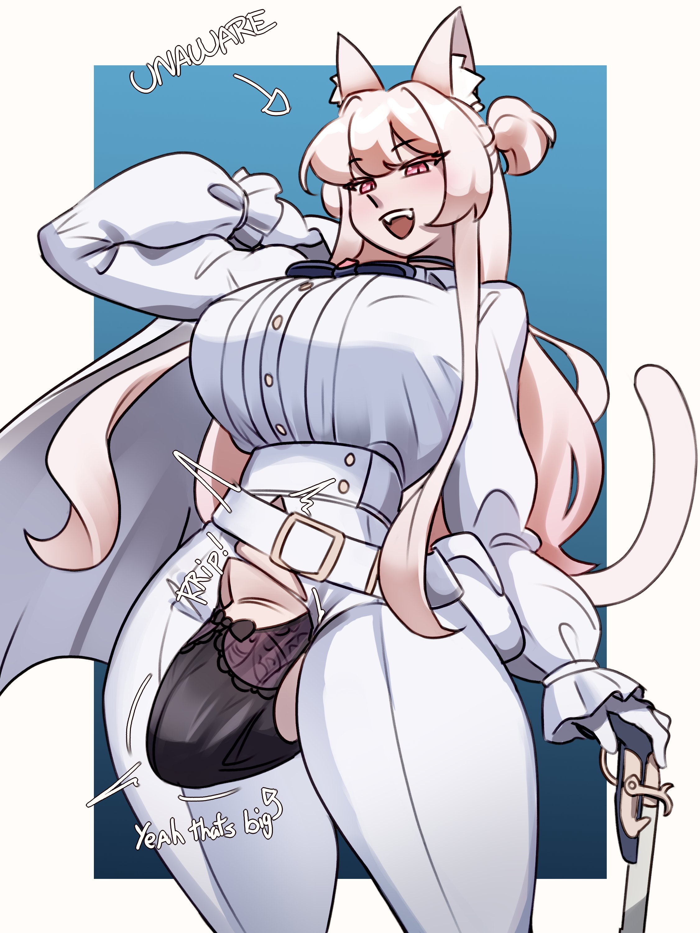 1futa, akira (blue archive), animal ears, big breasts, big penis, blue archive, breasts, bulge, cat ears, cat tail, catgirl, erection in panties, erection pushing underwear, erection under clothes, futa only, futanari, gloves, gun, humanoid, humanoid penis, kemonomimi, large breasts, light skin, light-skinned futa, lingerie, nipple bulge, penis, red eyes, rifle, ripped pants, slit pupils, solo, standing, sunk118, tail, thick thighs, tight clothing, tight pants, torn clothes, unaware, waist belt, wardrobe malfunction, white gloves, white hair