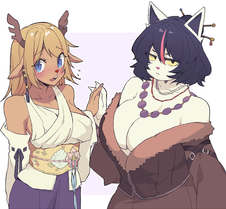2girls, accessory, alternative fashion, anthro, antlers, asian clothing, bare, beaded jewelry, beaded necklace, beads, belt, belt accessory, big breasts, biped, black hair, blonde hair, blue eyes, blush, border, bottomwear, breasts, brown clothing, buckteeth, catgirl, catti (deltarune), cleavage, clothed, clothing, coat, collarbone, cosplay, costume, crossover, crossover cosplay, curvy figure, deer, deer girl, deltarune, domestic cat, dress, duo, ear accessory, ear piercing, east asian clothing, eyebrow through hair, eyebrows, eyelashes, eyeliner, eyes, eyeshadow, felid, feline, felis, female, female/female, final fantasy, final fantasy x, fingernails, floral pattern, freckles, frown, fully clothed, fur, fur trim (clothing), furry, furry female, gem, goth, hair, hair accessory, hair bun, hair sticks, half-closed eyes, hand behind back, hand holding, highlights (coloring), horn, huge breasts, jewelry, kemono, large breasts, long, looking at viewer, lulu (final fantasy) (cosplay), makeup, mammal, midriff, multicolored clothing, nails, narrowed eyes, necklace, new world deer, noelle holiday, off shoulder, only female, open mouth, pearl (gem), piercing, pink background, purple bottomwear, purple clothing, purple skirt, red nose, reindeer, ribbons, short hair, shoulders, simple background, skirt, sleeves, slightly chubby, square enix, ss komu, sskomu (artist), symmetry, tan body, tan fur, teeth, through, tongue, topwear, translucent, translucent hair, two tone clothing, undertale (series), waist accessory, white body, white border, white clothing, white fur, yellow sclera, yuna (cosplay), yuna (final fantasy x)