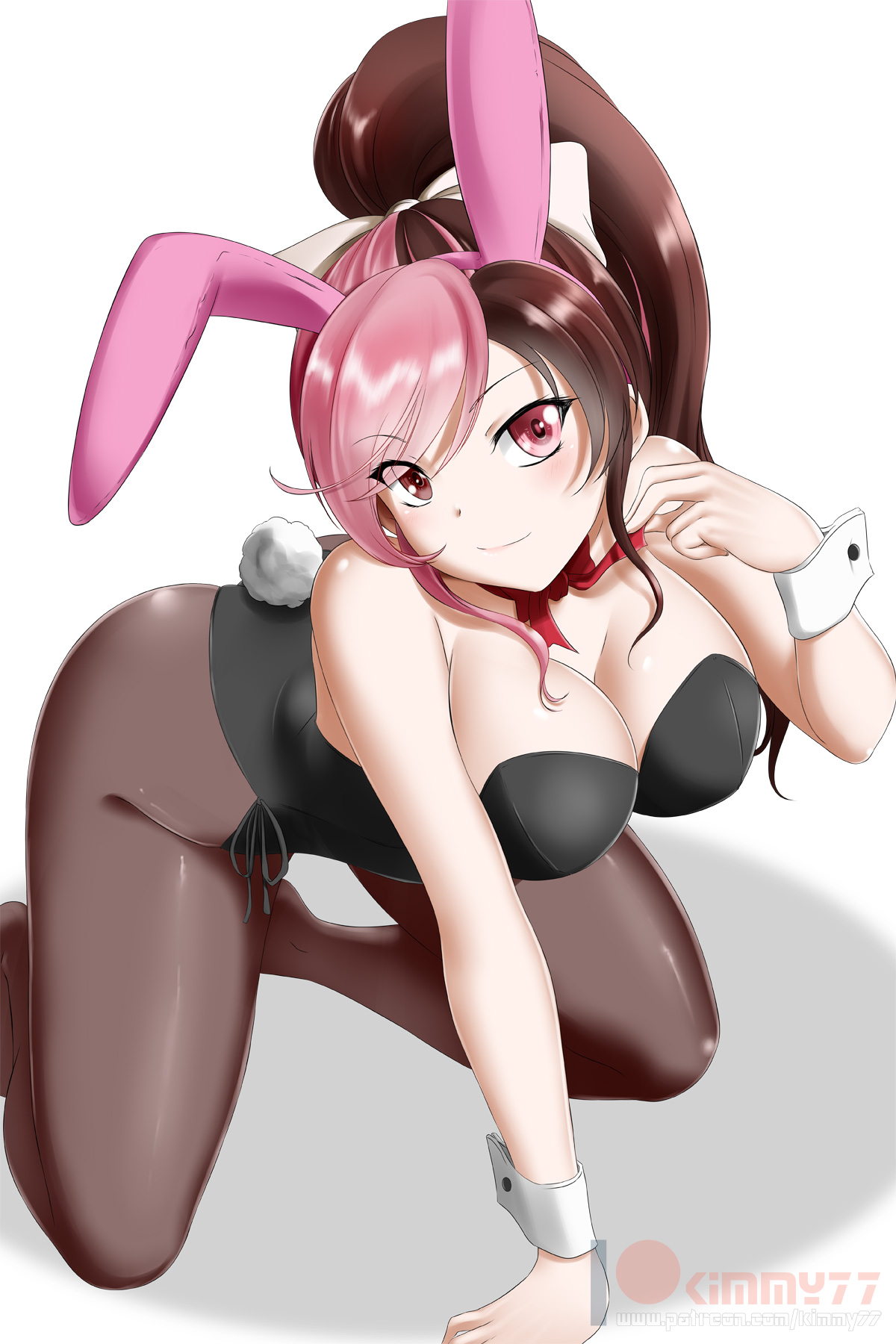 1girls, big breasts, breasts, bunny ears, bunny girl, bunnysuit, cleavage, female, female only, kimmy77, large breasts, looking at viewer, neo (rwby), ponytail, rwby, solo, white background