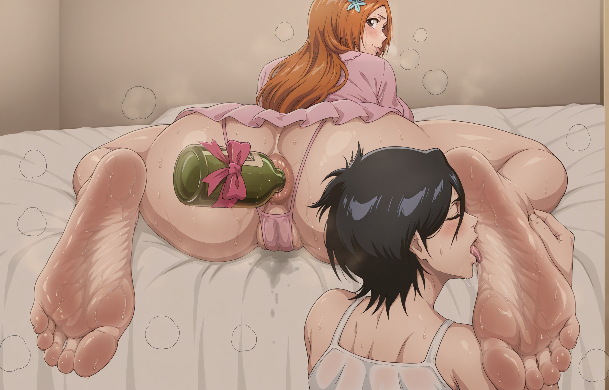2girls, ai generated, anal, anal access, anal insertion, anal object insertion, anal only, anal only panties, anus, backless panties, bleach, bleach: the thousand-year blood war, blush, bottle in ass, bottle insertion, breasts, ca1nhurst, feet, female, female only, foot fetish, foot focus, inoue orihime, kuchiki rukia, large breasts, licking feet, long hair, looking back, nervous, short hair, sitting on bed, soles, sweat, sweatdrop, sweaty feet, thick thighs, toes, wide hips, yuri