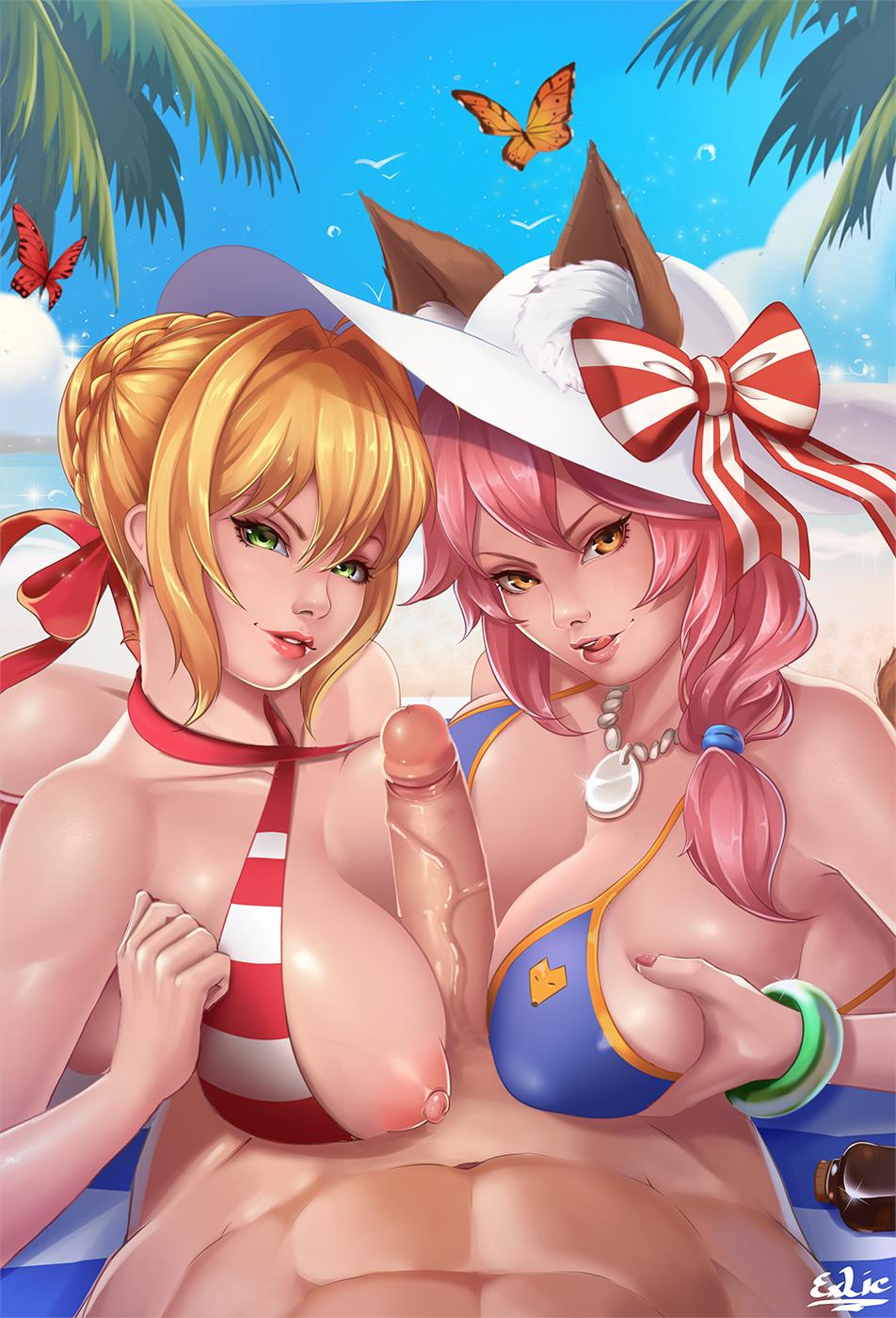 1boy, 2girls, areolae, big breasts, big penis, breasts, cleavage, double paizuri, erection, exlic, fate (series), fate/grand order, female, hair bun, large breasts, looking at viewer, male, multiple females, multiple girls, nero claudius (fate), nero claudius (swimsuit caster), nipples, paizuri, penis, pov, straight, symmetrical docking, tamamo no mae (fate), teamwork