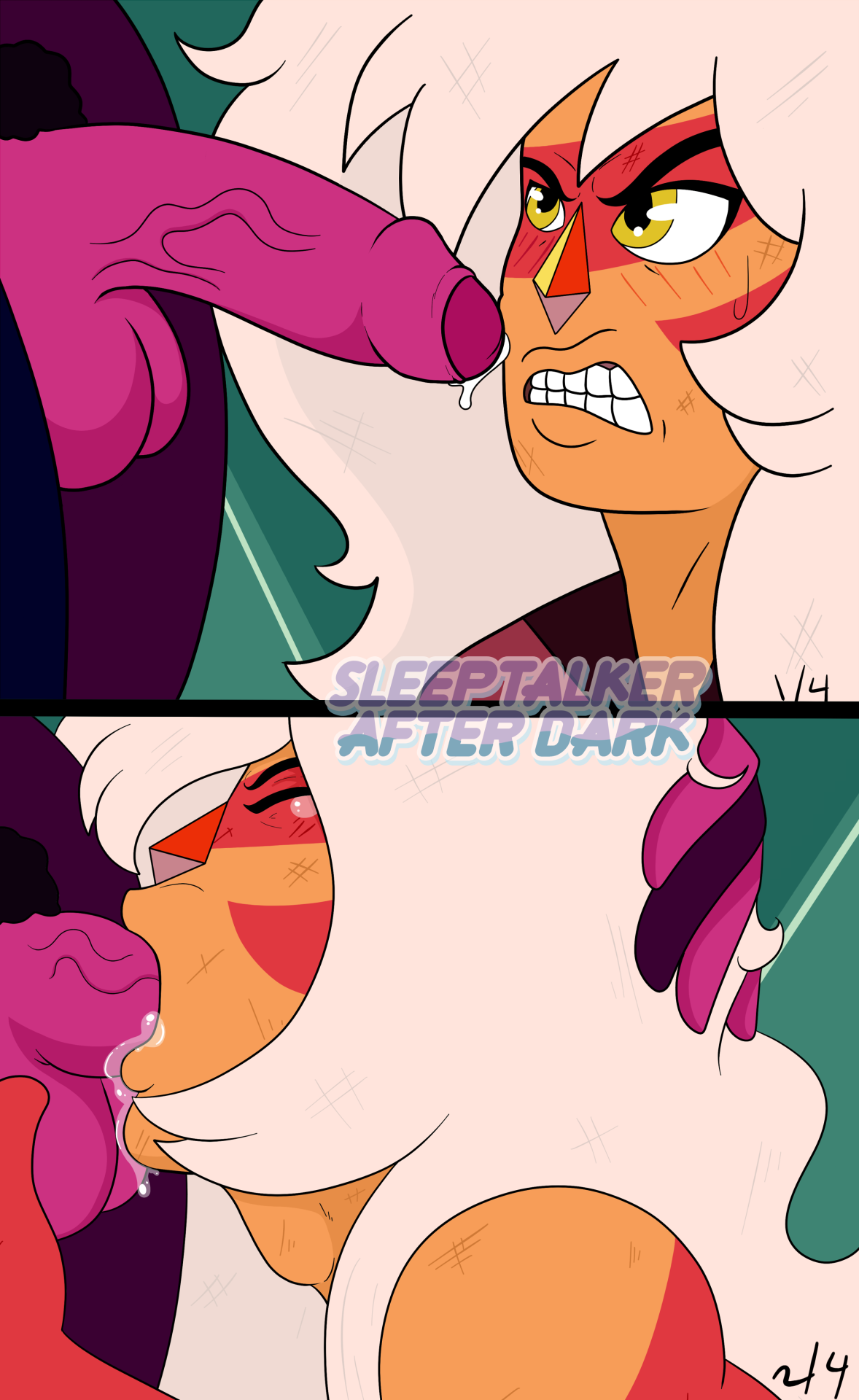 1futa, 1girls, cartoon network, deepthroat, dickgirl, fellatio, female, forced, foreskin, futa on female, futanari, garnet (steven universe), gem (species), gem fusion, intersex, irrumatio, jail break (steven universe), jasper (steven universe), penis, rape, sleeptalker, steven universe, text, throat bulge, uncircumcised, uncut, watermark