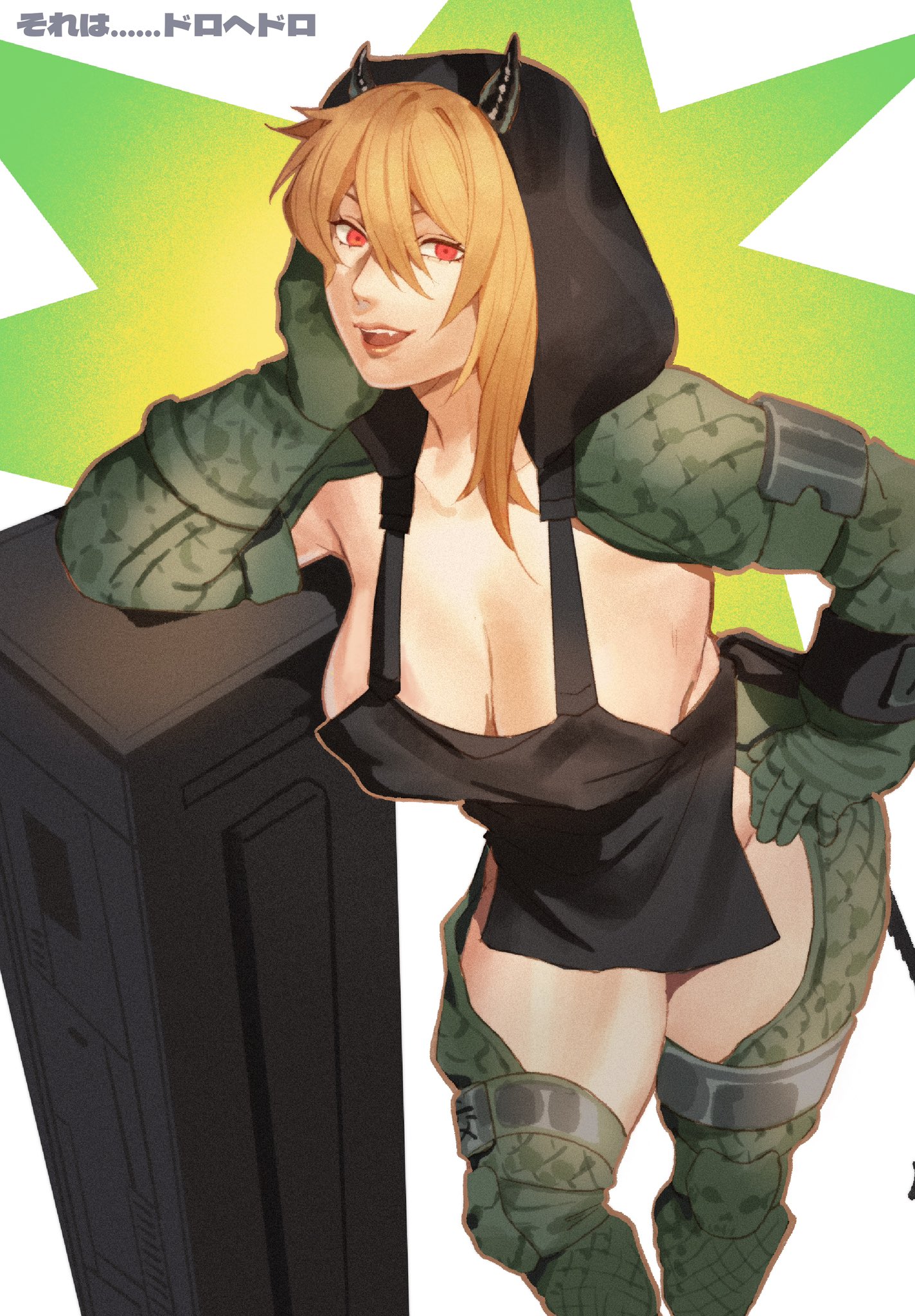 alternate version available, apron, big breasts, blonde female, blonde hair, breasts, cleavage, devil girl, devil horns, dorohedoro, female, hand on face, hood, hood up, ksooupart, large breasts, looking at viewer, nikaidou (dorohedoro), nipple bulge, red eyes