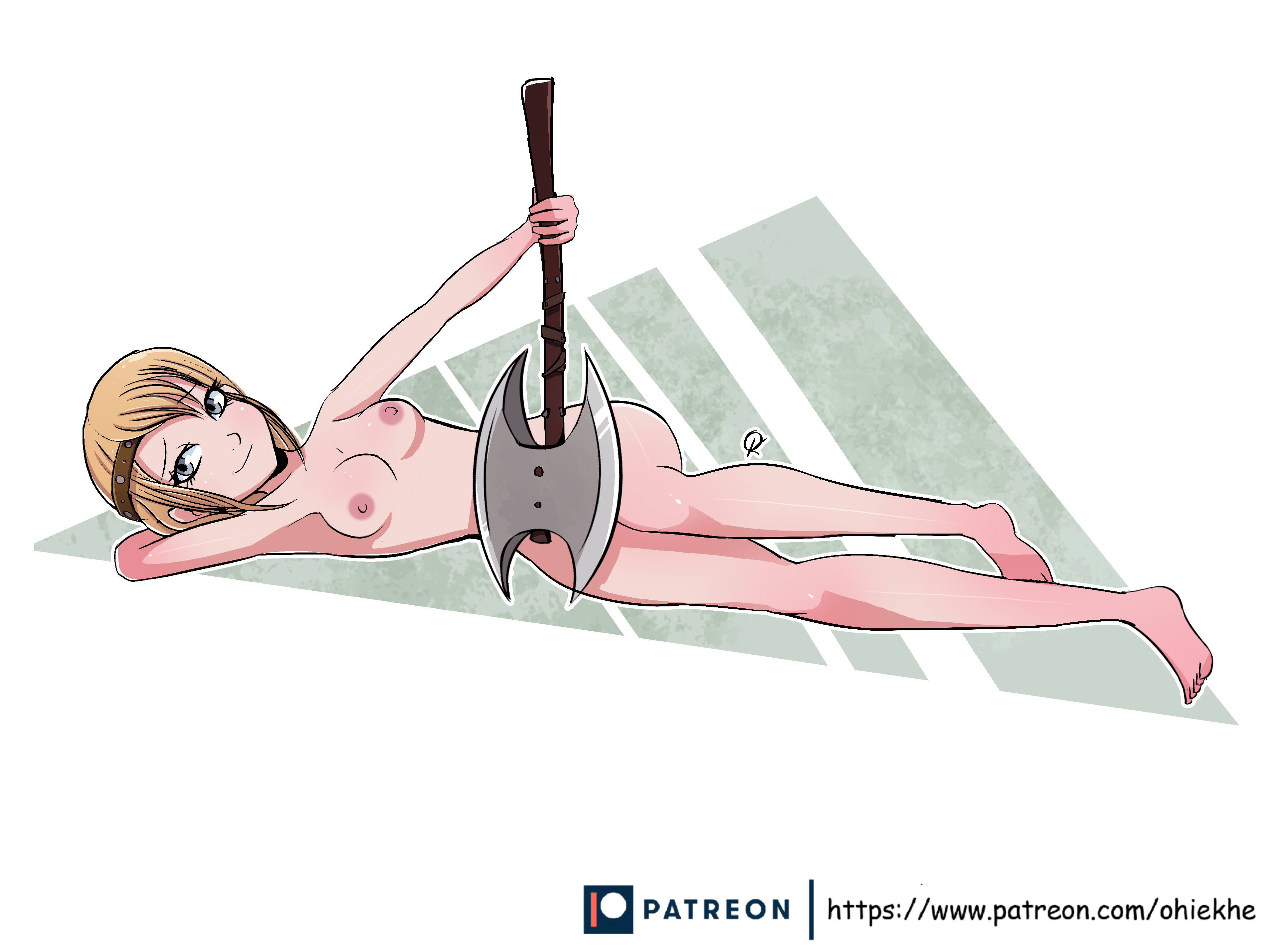 astrid hofferson, axe, blonde hair, breasts, female, female only, how to train your dragon, looking at viewer, nipples, nude, ohiekhe, smile, smiling at viewer, viking