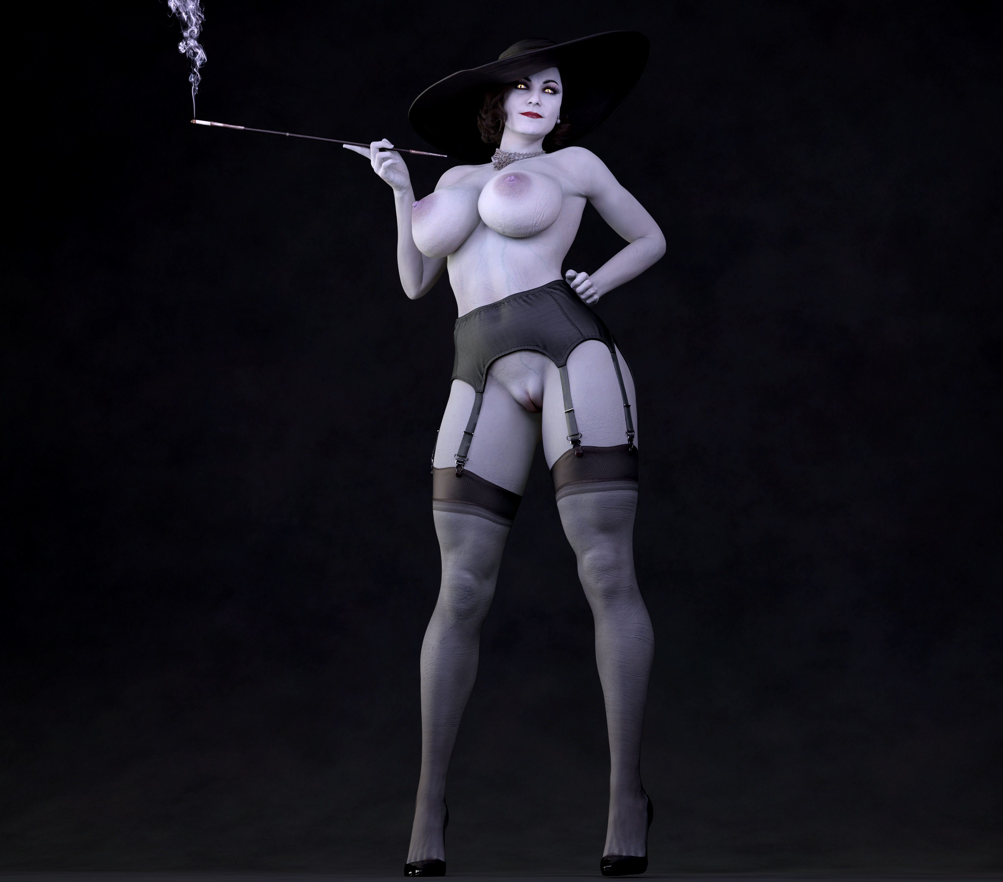 1girls, 3d, alcina dimitrescu, cigarette holder, daz studio, female, female only, full body, garter belt, nude, nude female, pale skin, pale-skinned female, planetex, pussy, resident evil, resident evil 8: village, shaved pussy, solo, viewed from below