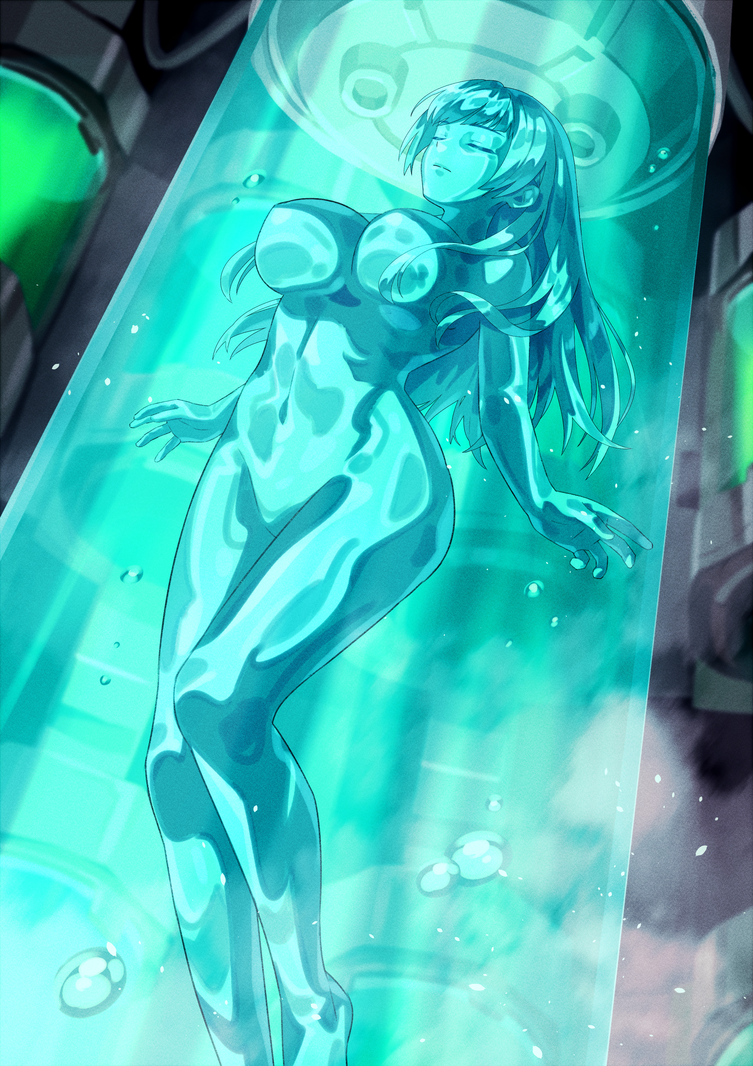 1girls, absurdres, alpha-152, blue body, blue hair, blue skin, breasts, bubble, colored skin, completely nude, completely nude female, dead or alive, encasement, female, female focus, female only, groin, highres, in container, kasumi (doa), large breasts, liquid, liquid hair, long hair, machine, monster girl, narrow waist, navel, not furry, nude, nude female, perky breasts, slime girl, solo, stasis tank, submerged, teenage female, teenager, thighs, tube, vat, water tank, wide hips, yagi2013