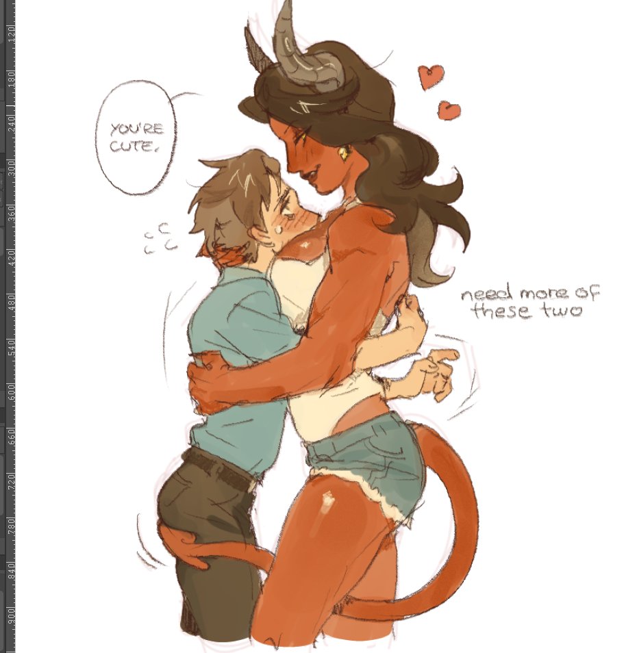 1boy, 1boy1girl, 1girls, 2025, amazonian, big ass, big breasts, big thighs, blush, breasts, curvaceous, curvy, curvy figure, deatluv, demon, demon girl, demoness, denim shorts, digital media (artwork), dispatch (game), english text, female, half demon, half-demon, height difference, hips, hourglass figure, hug, large breasts, legs, male, male/female, malevola gibb, mature, mature female, muscle mommy, red body, red skin, red-skinned female, robert robertson, shorts, slim waist, smaller male, straight, taller female, tank top, text, text bubble, thick, thick hips, thick legs, thick thighs, thighs, voluptuous, waist, wide hips