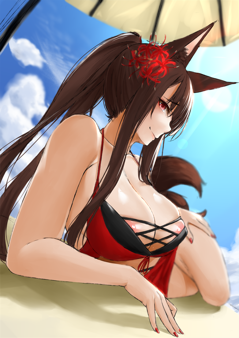 1girls akagi_(azur_lane) akagi_(paradise_amaryllis)_(azur_lane) animal_ears areola_slip areolae azur_lane bangs beach_umbrella bikini black_hair blush breasts cleavage closed_mouth day female flower foreshortening fox_ears fox_tail from_side hair_flower hair_ornament halter_top halterneck kitagawa_onitarou large_breasts light-skinned_female light_skin long_hair looking_at_viewer looking_to_the_side lying nail_polish on_side outdoors ponytail profile red_eyes red_nails sakura_empire_(azur_lane) sidelocks smile solo swimsuit tail umbrella