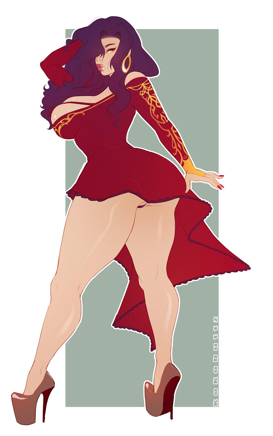 1girls, artist name, ass, ass focus, big ass, big breasts, bimbo, breasts, cinder fall, classy, curvy, dress, earrings, female, female only, full body, hair, hair over one eye, heels, high heels, hoop earrings, kneepits, knees, kokobuttz, large breasts, light skin, light-skinned female, lipstick, long dress, long hair, off shoulder, orange eyes, panties, platform heels, purple hair, red dress, red lips, red lipstick, rwby, seductive, sideboob, solo, stiletto heels, thick lips, thighs, upskirt, watermark, yellow eyes