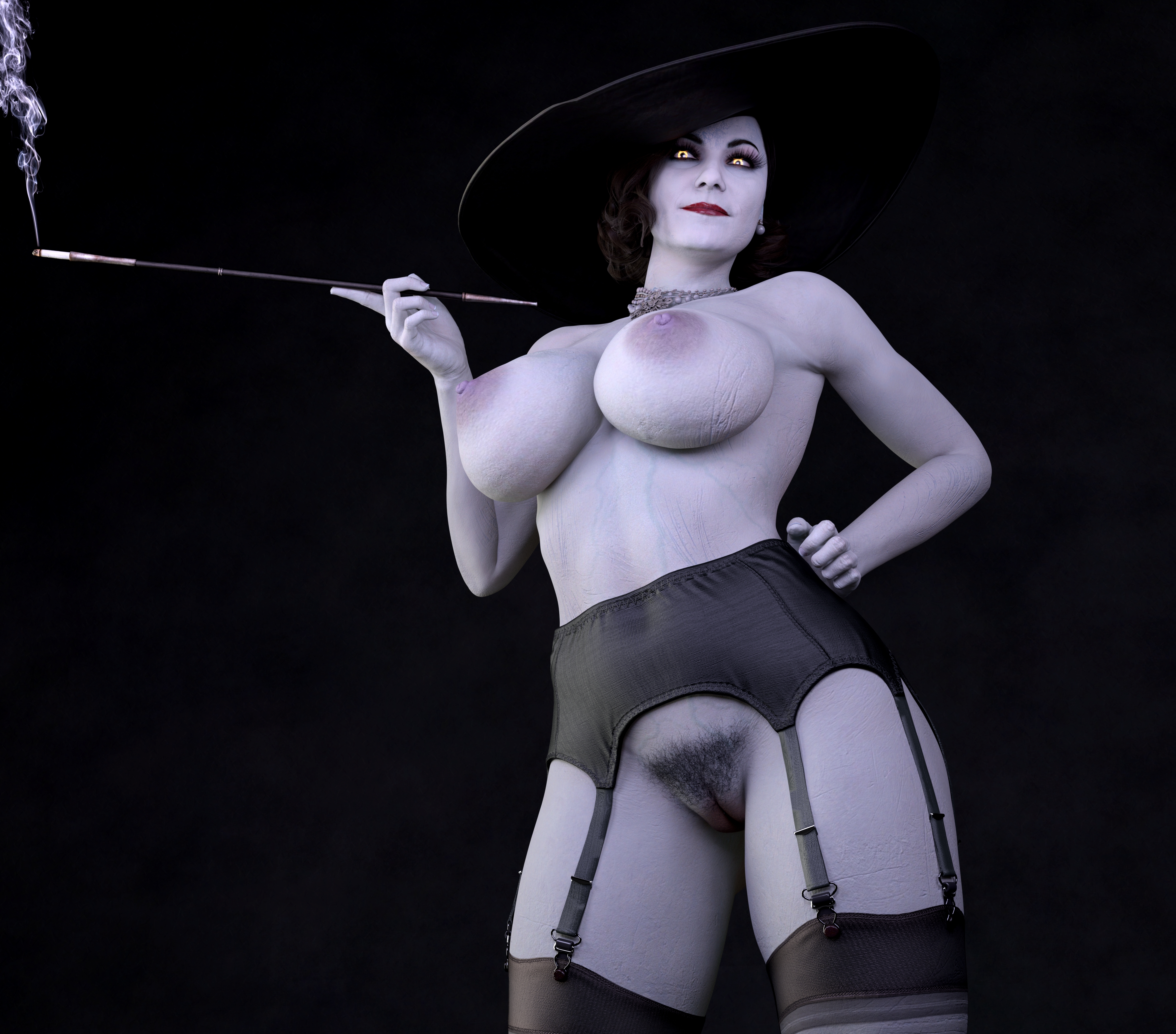 1girls, 3d, alcina dimitrescu, breasts, cigarette holder, daz studio, female, female only, garter belt, hat, large breasts, nude, nude female, pale skin, pale-skinned female, planetex, pubic hair, resident evil, resident evil 8: village, solo, viewed from below