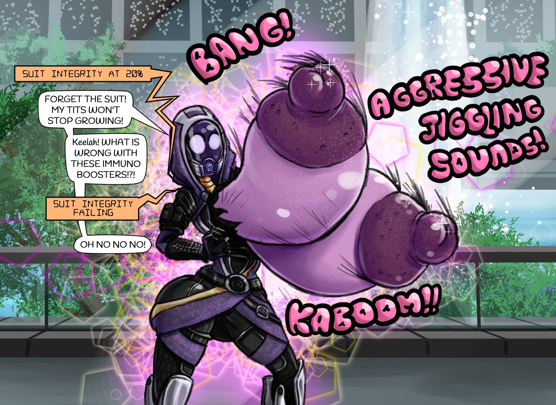 breast expansion, breasts, dialogue, golseum, huge areolae, huge breasts, huge nipples, hyper, hyper breasts, mass effect, massive breasts, quarian, tali'zorah nar rayya, text