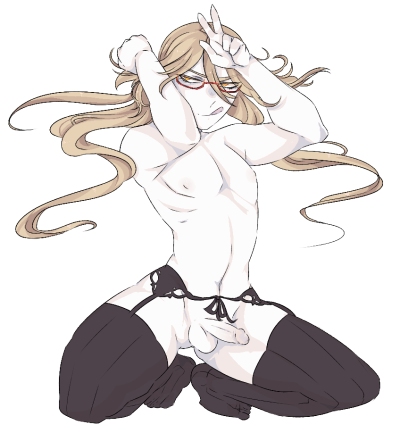 alpha_channel blonde_hair crossdressing digiv1ce erect funamusea gay glasses god limited_palette long_hair penis siralos soft_color stockings sun_god teasing transparent_background trap