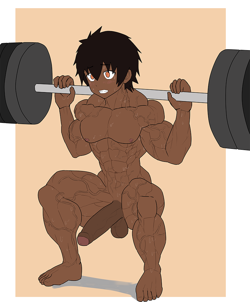 1boy barefoot big_balls big_penis black_skin dark_skin erection fitness fuckboy gay hyper_penis lostanemone male male_only mlm4anemone muscle nipples nude original_character pecs penis smile solo testicles workout