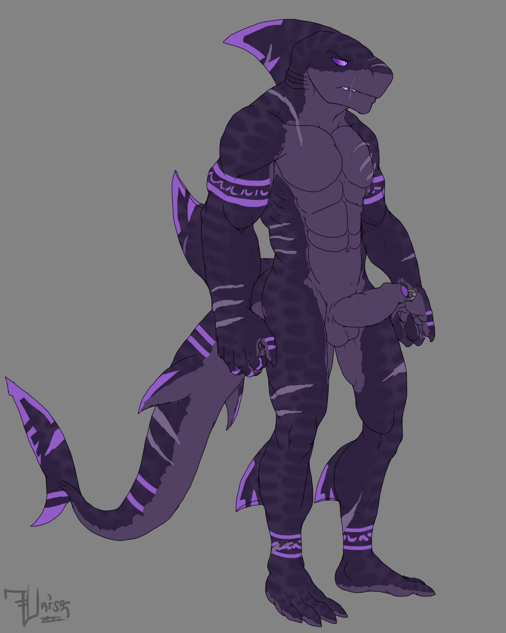 anthro bipedal blank_background full-length_portrait full_body male male_only muscular shark solo standing vaisz