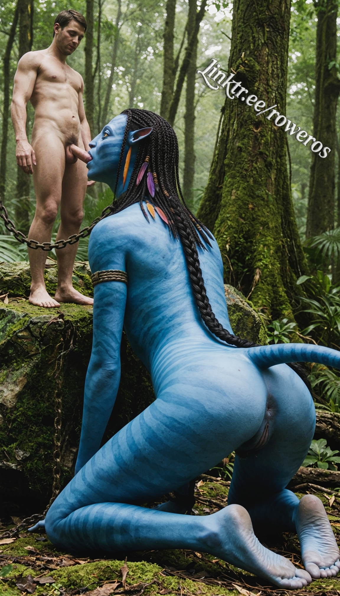 3d, ai generated, alien, alien girl, anus, athletic female, avatar, avatar: the way of water, bigger female, blowjob, blue body, blue skin, fellatio, giantess, human, human penetrating, interspecies, kneeling, large female, larger female, light-skinned male, masked male, mini giantess, na'vi, naked, neytiri, oral, oral sex, outdoors, realistic, rower, sex, tagme, tail, vagina