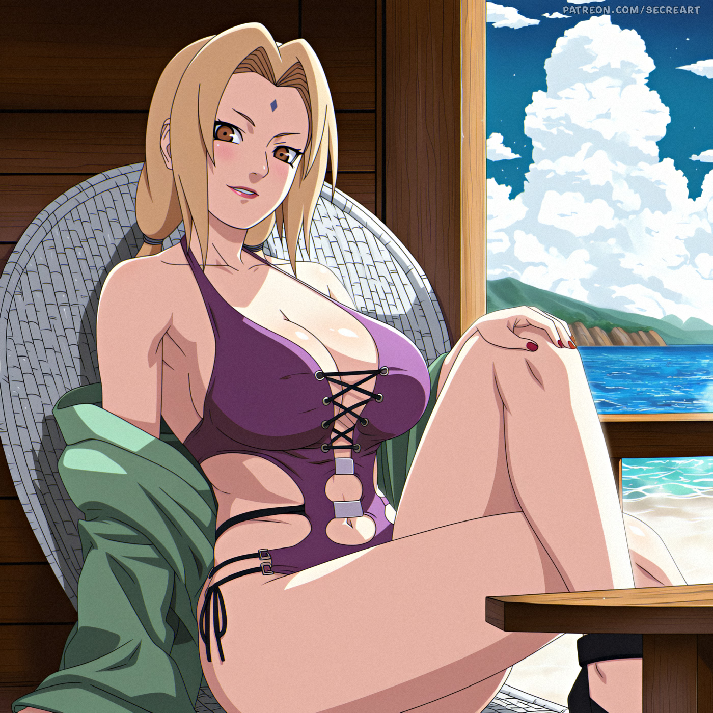 1girls, absurd res, absurdres, ai generated, ass, bare arms, bare legs, bare shoulders, bare thighs, bbw, beach house, biceps, big ass, big breasts, big butt, bikini, blonde hair, blush, boruto: naruto next generations, breasts, brown eyes, busty, cleavage, crossed legs, female, female focus, female only, forehead jewel, forehead mark, gilf, hi res, high resolution, highres, inner sideboob, large ass, large breasts, light skin, light-skinned female, lips, lipstick, makeup, masturbation, mature, mature female, mature woman, milf, muscles, muscular, muscular female, muscular thighs, naruto, naruto (classic), naruto (series), naruto shippuden, naruto: the last, nose blush, one-piece swimsuit, open mouth, pale skin, pale-skinned female, pink lips, pink lipstick, ponytail, purple bikini, purple swimsuit, ribbon, secreart, sex toy, shonen jump, shounen jump, shueisha, sideboob, sitting, skimpy, skimpy bikini, smile, smiling, solo, solo female, solo focus, swimsuit, tied hair, tsunade, very high resolution, voluptuous, voluptuous female, watermark, weekly shonen jump, weekly shounen jump, yellow hair