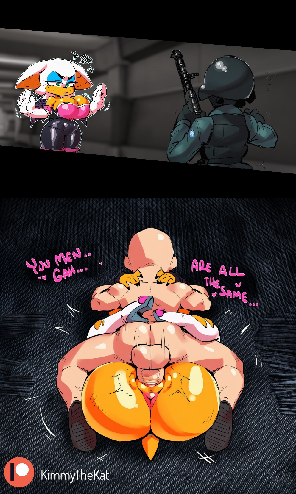 ai generated, annoyed, annoyed expression, anon, anonymous male, asshole, cleavage, clothed, comic, dominant male, domination, furry female, furry on human, high heels, huge breasts, imminent impregnation, kimmythefem, male/female, mating press, patreon, patreon username, pussy, rape, rifle, rouge the bat, sega, sex, slim waist, soldier, sonic (series), sonic the hedgehog (series), thick thighs, torn clothes, two panel image, wide hips