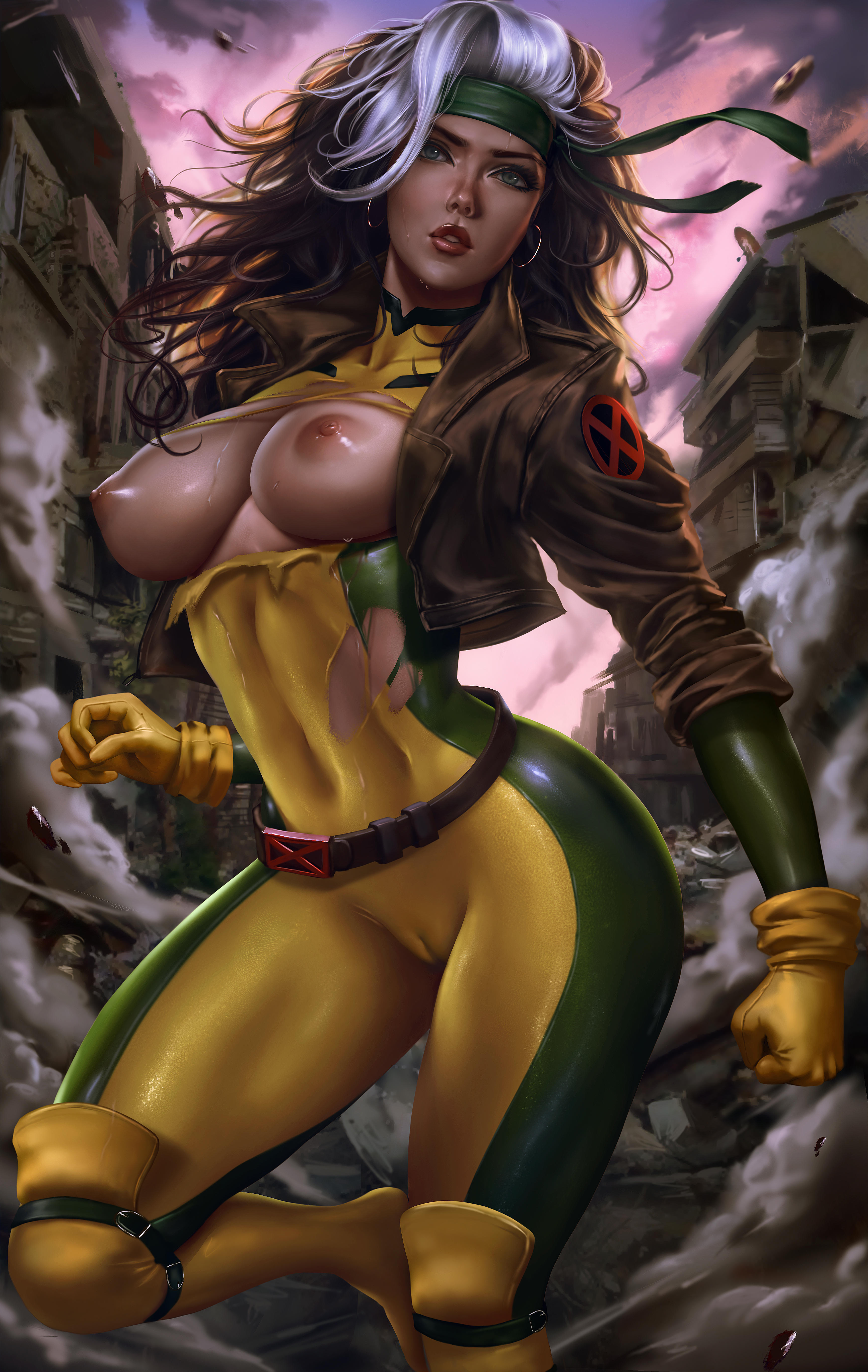 1girls, absurdres, anna marie, areolae, breasts, cameltoe, female, female only, headband, highres, hoop earrings, logan cure, marvel, marvel comics, nipples, pussy, rogue (x-men), solo, x-men