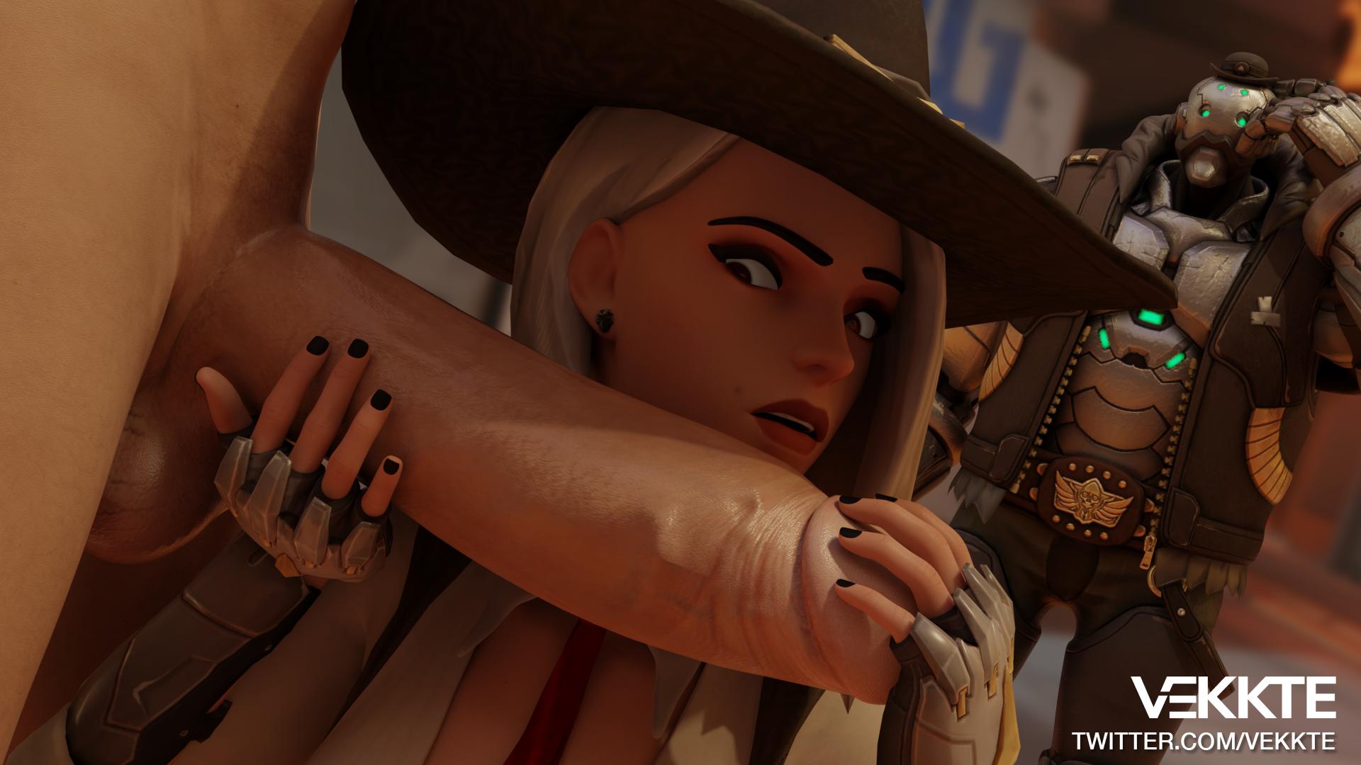 1boy, 1girls, 3d, ashe (overwatch), balls, big penis, blender, bob (overwatch), cowboy hat, erection, female, huge cock, huge penis, human, large penis, light skin, light-skinned male, looking at penis, male, overwatch, pale skin, pale-skinned male, penis, penis worship, shocked, solo focus, testicles, too big, uncensored, vekkte