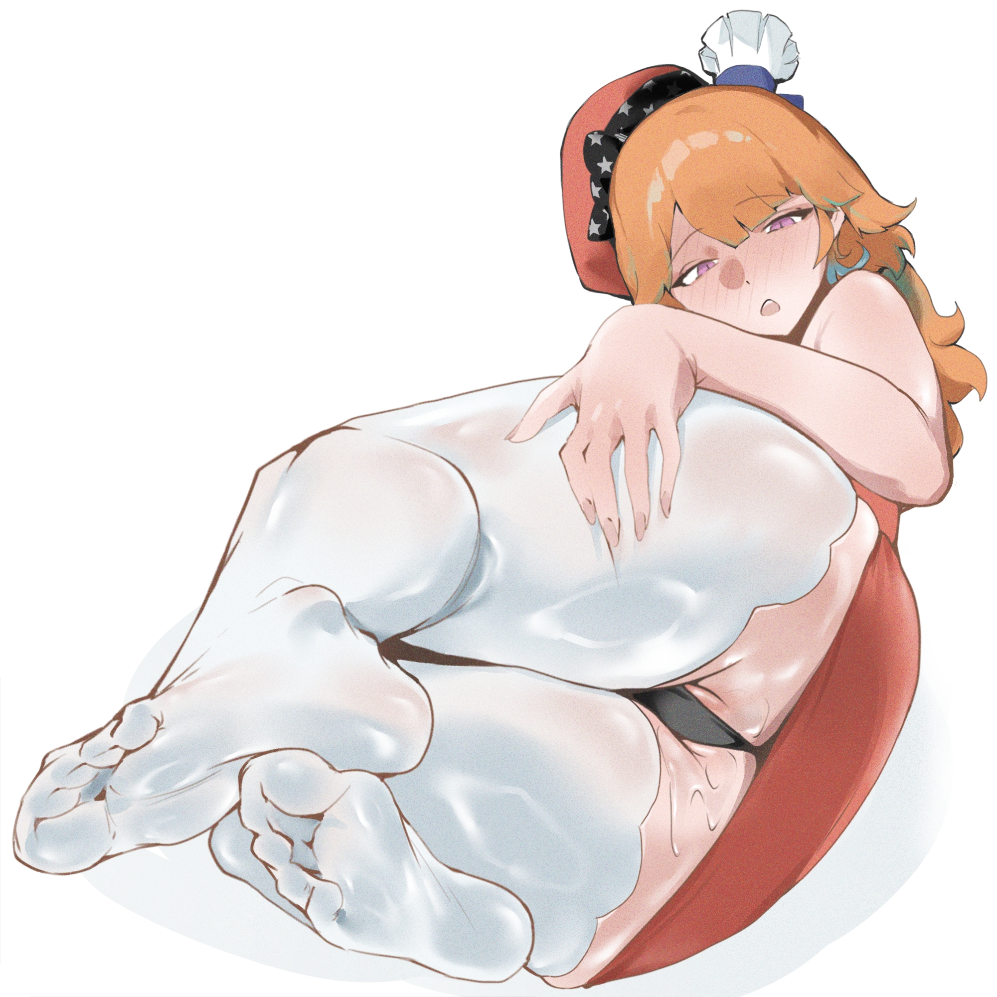 1:1, 1girls, ass, ass grab, bare shoulders, beret, black panties, blush, blushing, cameltoe, chef hat, embarrassed, exposed, feet, foreshortening, genital fluids, hair highlights, hand on thigh, hat, hi res, holding thigh, hololive, hololive english, hololive myth, in heat, large ass, laying down, laying on side, legwear, light-skinned female, long hair, looking at viewer, lying, lying on side, multiple hats, open mouth, orange hair, panties, pantsu, purple eyes, pussy, pussy peek, red beret, seductive, seductive look, showing ass, showing off, showing pussy, shy, simple background, sio4 4, skirt, soles, solo, solo female, sweat, takanashi kiara, takanashi kiara (1st costume), thick thighs, thighhighs, upskirt, virtual youtuber, wet, white background, white legwear, white thighhighs, wide hips