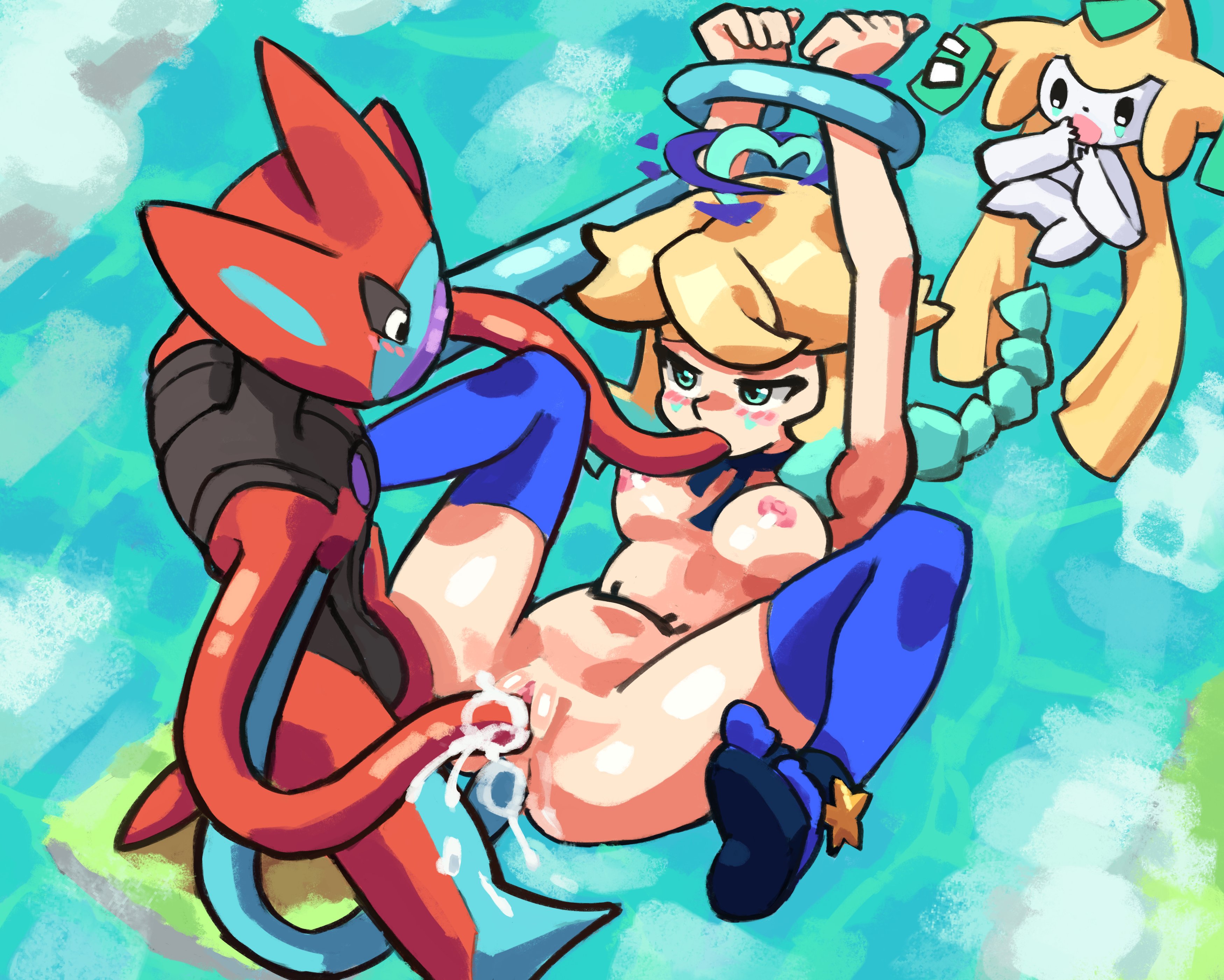 1girls, anal, arms up, blonde hair, blush, breasts, cum, cum in ass, cum in pussy, cum inside, deoxys, deoxys (attack form), female, generation 3 pokemon, interspecies, jirachi, legendary pokemon, light skin, light-skinned female, long hair, lu blu, male pokemon/female human, mythical pokemon, nipples, open mouth, oral, penetration, pokemon, pokemon (species), pokemon rse, pokephilia, pussy, restrained, sex, spread legs, suspension, tentacle, triple penetration, vaginal penetration
