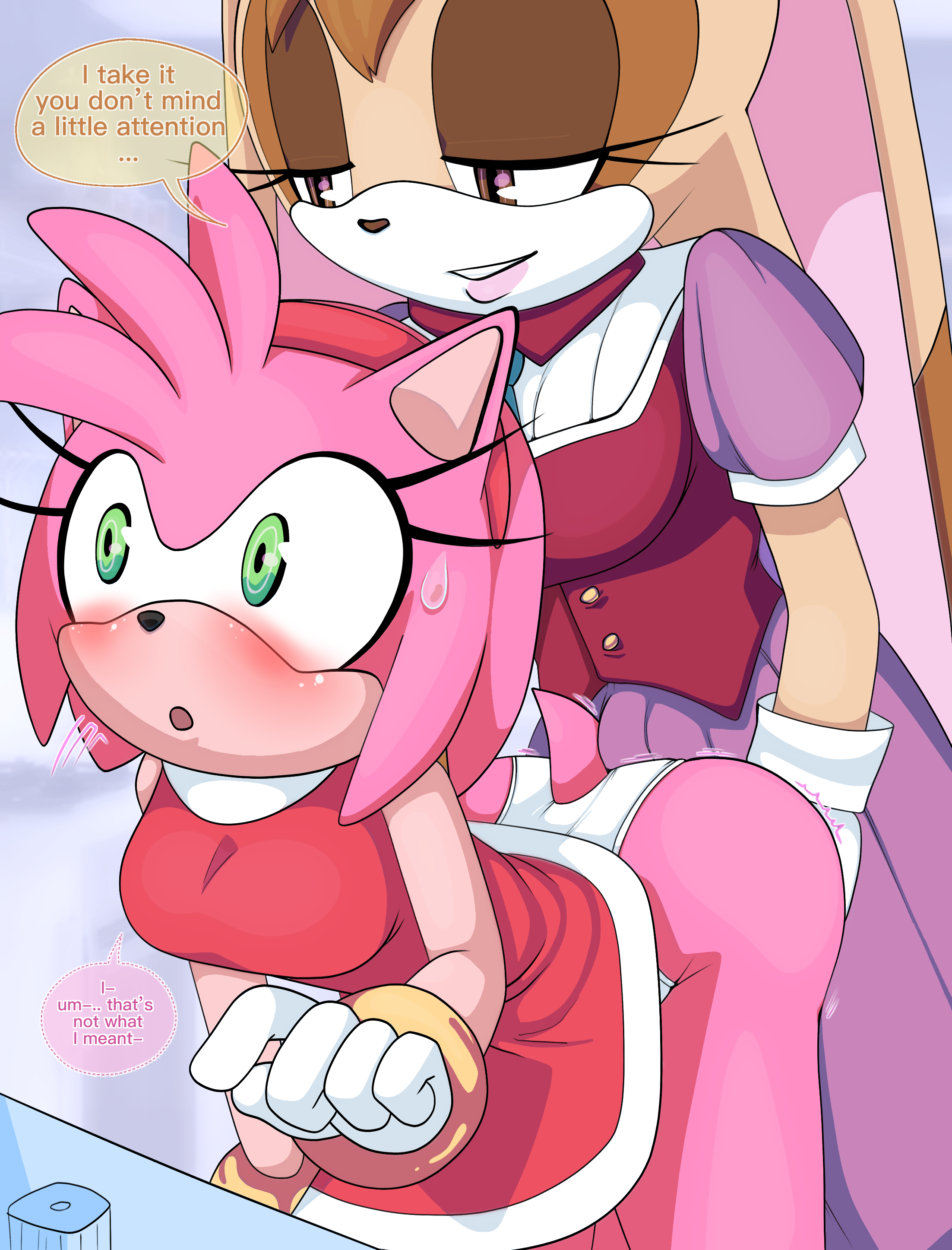 1futa, 1girls, absurd res, amy rose, anthro, ass, big eyes, big penis, blush, breasts, brown fur, bulge, clothing, dress, english, english text, eyelashes, female, from behind, furry, futa on female, futanari, gloves, green eyes, half-closed eyes, hedgehog, imminent sex, intersex, interspecies, lagomorph, mature intersex, older futa, open mouth, panties, penis, pink eyes, pink fur, red dress, rubbing, s4lt0r11, saltwatertoffee, sonic (series), sweat, text, underwear, vanilla the rabbit, white panties, wide hips, wide-eyed, younger female