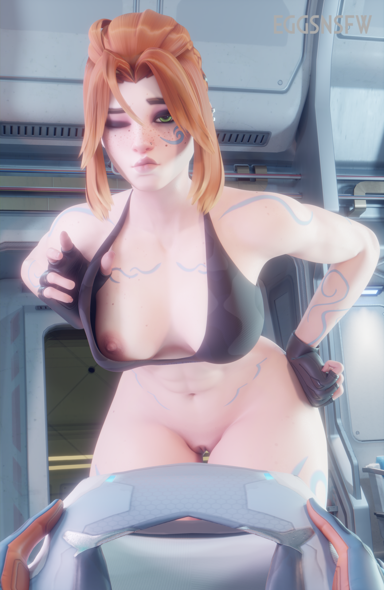2girls, 3d, big breasts, breasts, clothes, eggsnsfw, freckles, freja (overwatch), gloves, half-dressed, juno (overwatch), looking at viewer, naked, naked female, nipples, nude, nude female, overwatch, pussy, pussy peek, tattoo, teo minh