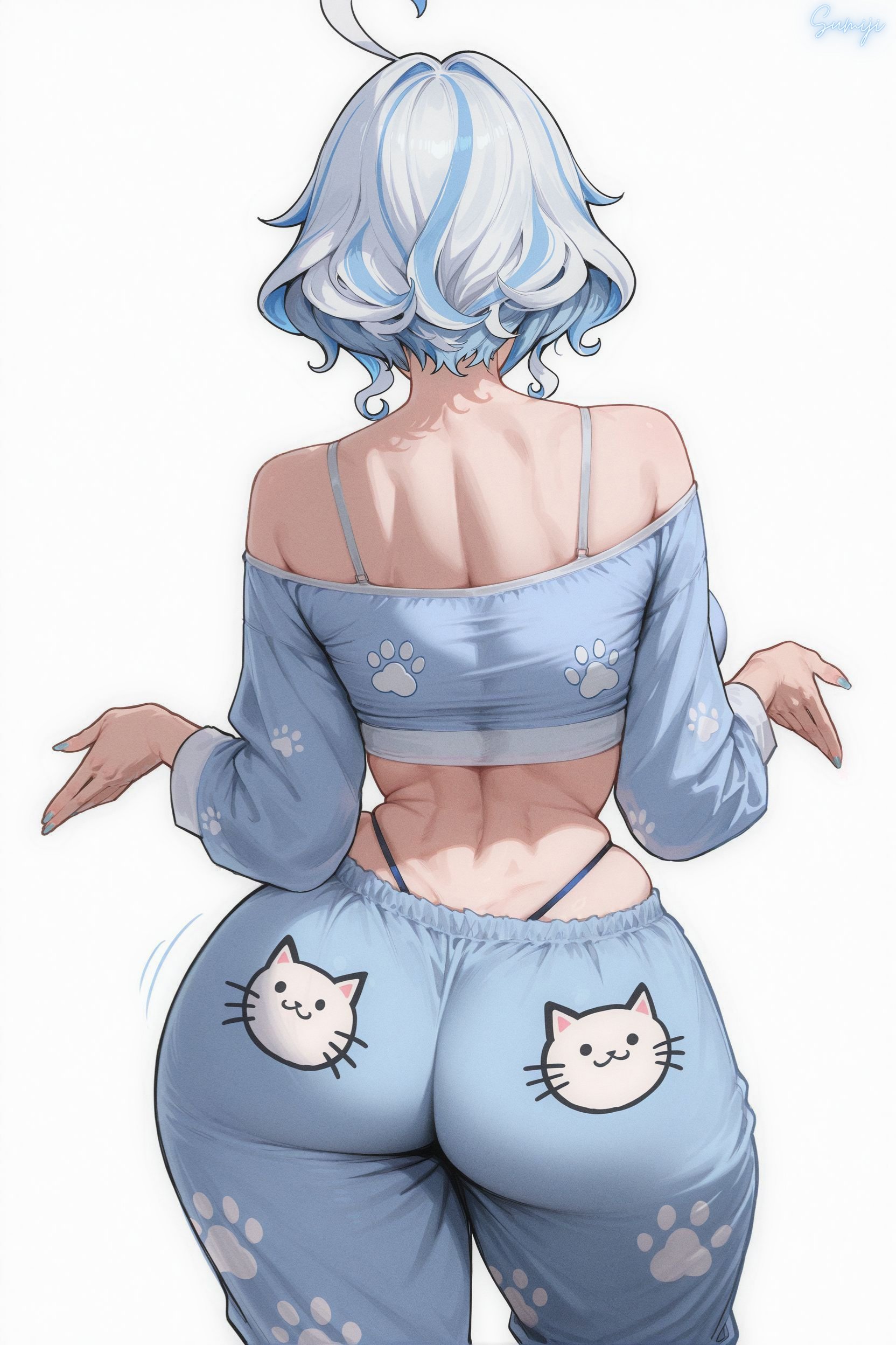 ai generated, alternate costume, ass, ass focus, blue hair, breasts, female, from behind, furina (genshin impact), genshin impact, huge ass, jiggle, medium breasts, multicolored hair, pajama pants, pajamas, short hair, sideboob, solo, sumiji, thong, two-tone hair, white hair