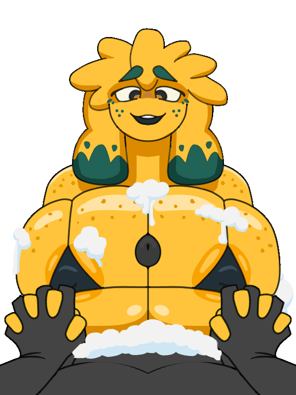 animated, animated gif, anthro, beat banger, big breasts, bikini, bikini top, breasts, gif, hand holding, holding hands, huge breasts, large breasts, loop, nipple bulge, paizuri, pov male, soap, soap bubbles, splurtcore(artist), sponge, sponge girl, titjob, yellow body