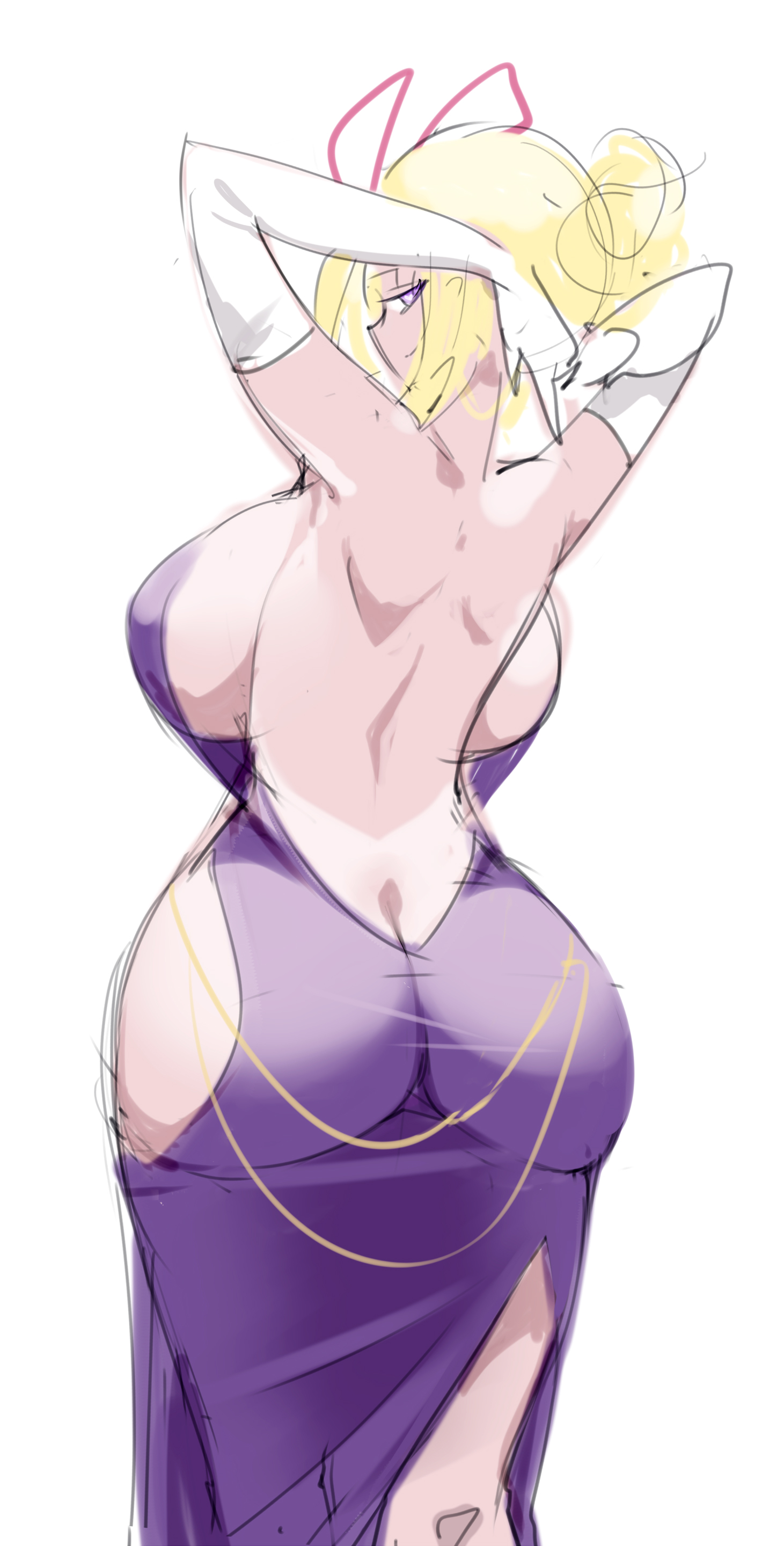 dress, from behind, huge ass, huge breasts, looking at viewer, raptor7, touhou, tying hair, yakumo yukari