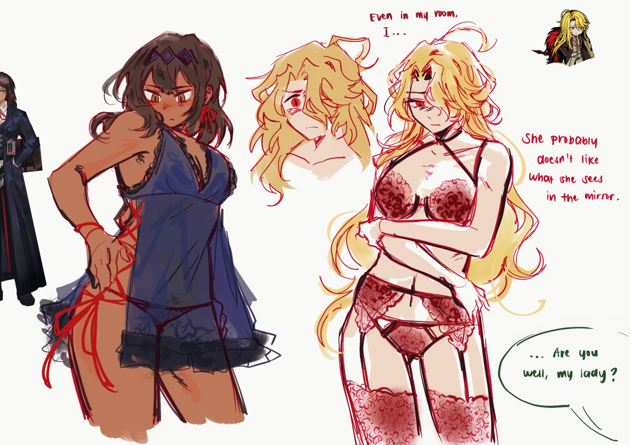 2girls, armpit hair, armpits, babydoll, big breasts, black body, breasts, checking out self, dark skin, dark-skinned female, dialogue, don quixote (limbus company), female, female focus, female only, liliesbloom4me, limbus company, lingerie, medium breasts, nelly (limbus company), project moon, red lingerie, sancho (limbus company), tagme, text, thick, thick ass, thick hips, thick thighs, thighs, threesome