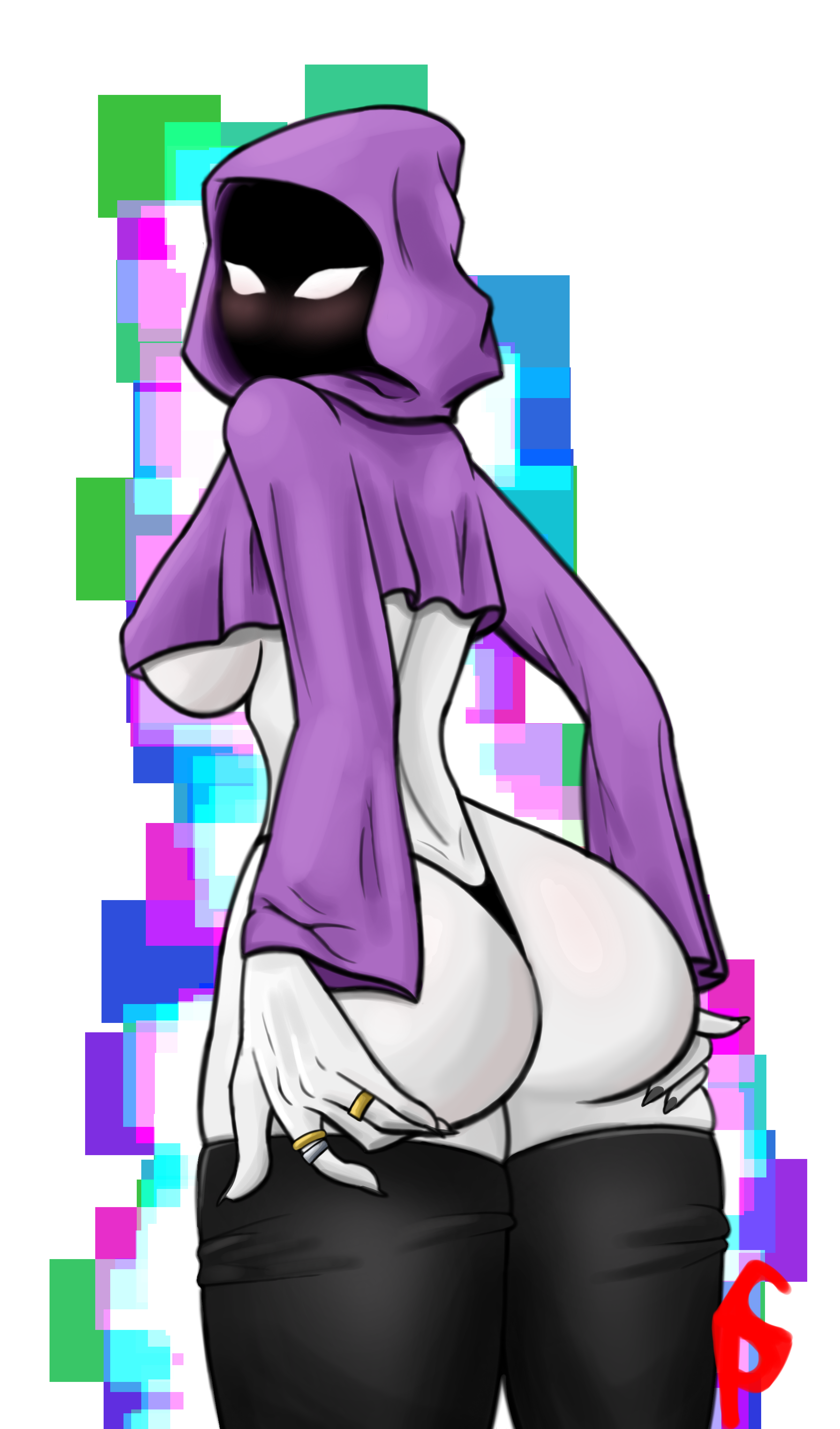 ass, big ass, big breasts, black panties, blush, breasts, faceless character, female, glowing eyes, hidden face, hood, hourglass figure, purple robe, robe, sane point, shadow wizard money gang, spread ass, spread butt, white body, white skin