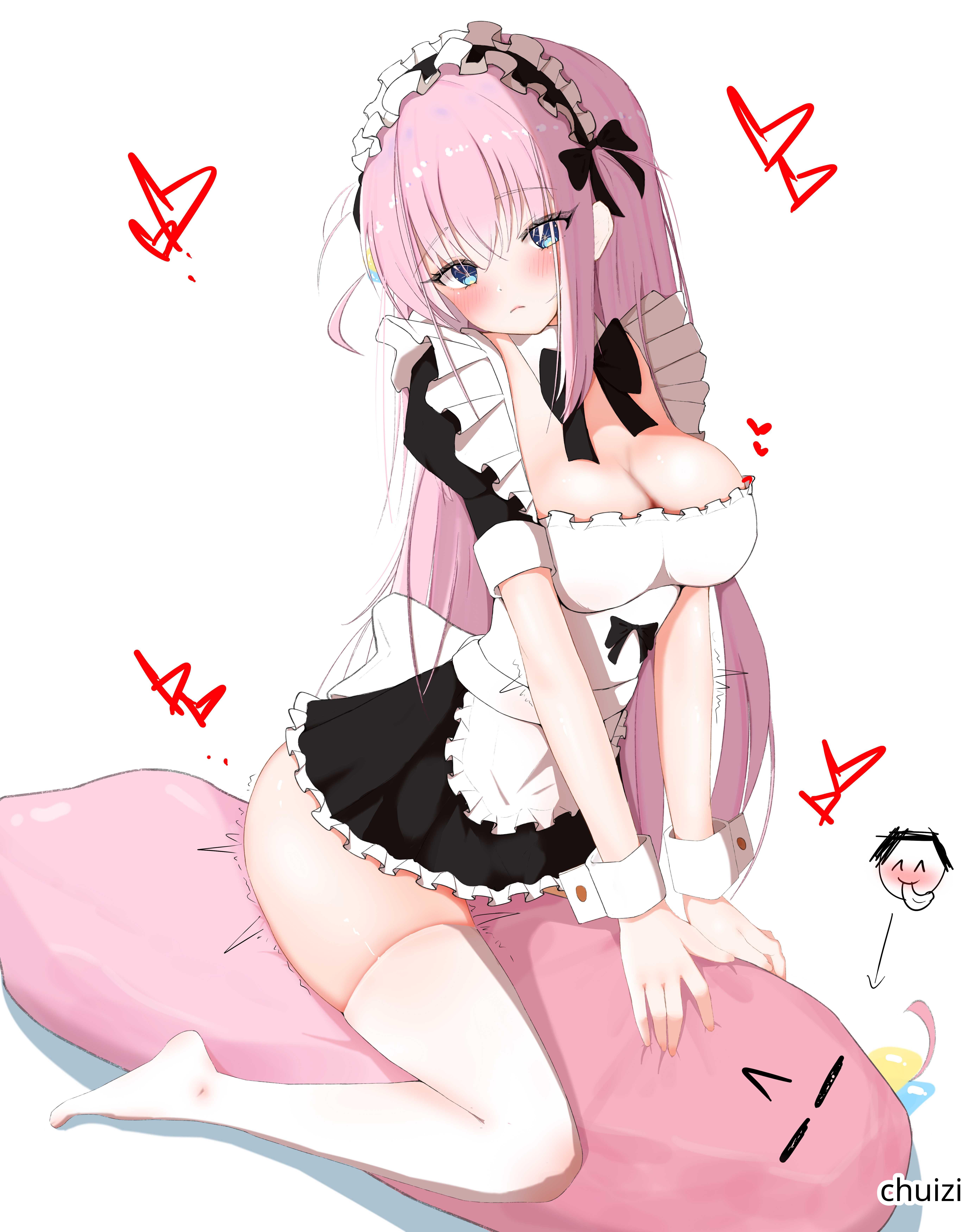 1girls, 2d, 2d (artwork), 2d artwork, arm support, blue eyes, blue-eyed female, blush, blush face, blushing at viewer, blushing female, bocchi the rock!, breasts, busty, busty female, busty girl, busty teen, busty teenager, calves, chuizi, cleavage, curvaceous, curvaceous body, curvaceous female, curvaceous figure, curvaceous hips, curvaceous teenager, curvy, curvy body, curvy female, curvy figure, curvy hips, curvy teen, digital, digital art, digital drawing, digital drawing (artwork), digital media, digital media (artwork), drawing, eyebrows visible through hair, feet, female, female focus, female only, fingers, full body, gotou hitori, guitarist, hair between eyes, hair ornament, hairband, head tilt, high resolution, high school student, highres, knees, large breasts, lean figure, legs, legwear, long hair, looking at viewer, maid, maid apron, maid cap, maid dress, maid headdress, maid outfit, maid uniform, narrow waist, pink hair, pink-haired female, school girl, schoolgirl, shoulders, simple background, sitting, skindentation, slender body, slender waist, slim female, slim waist, solo, stockings, teen girl, teenage female, teenage girl, teenage tits, teenager, thick thighs, thigh highs, thighhighs, thighs, tilted head, toes, white background, white legwear, white stockings, white thigh highs, white thighhighs, wide hips, young female, young woman