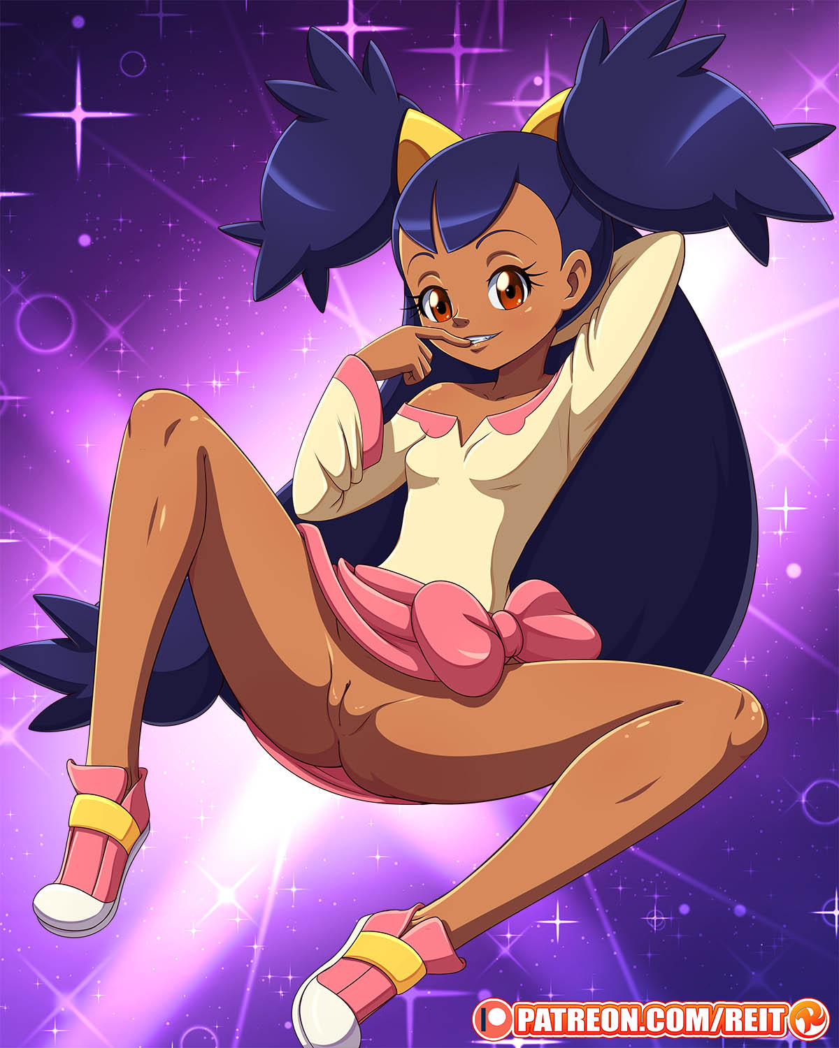 1girls bottomless breasts brown_eyes clothed dark-skinned_female dark_skin dress exposed_pussy feet female female_only finger_in_mouth fully_clothed gym_leader human innie_pussy iris_(pokemon) iris_(pokemon_bw) long_hair looking_at_viewer nintendo no_panties pokemon pokemon_bw purple_hair reit shoes small_breasts smiling sneakers spread_legs text url watermark