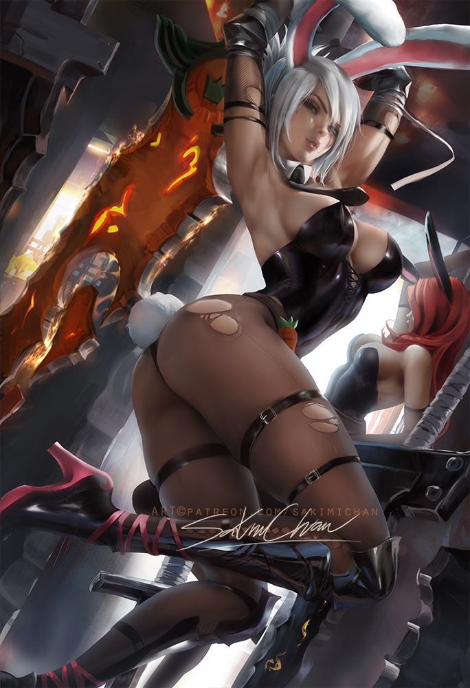 2girls alternate_costume battle_bunny_miss_fortune_(cosplay) battle_bunny_riven big_breasts breasts bunny_ears bunny_girl bunny_tail bunnysuit cleavage duo elbow_gloves female high_heels large_breasts league_of_legends leotard looking_at_viewer miss_fortune pantyhose red_hair riven sakimichan solo_focus sword the_grind_series thick_thighs torn_pantyhose weapon white_hair