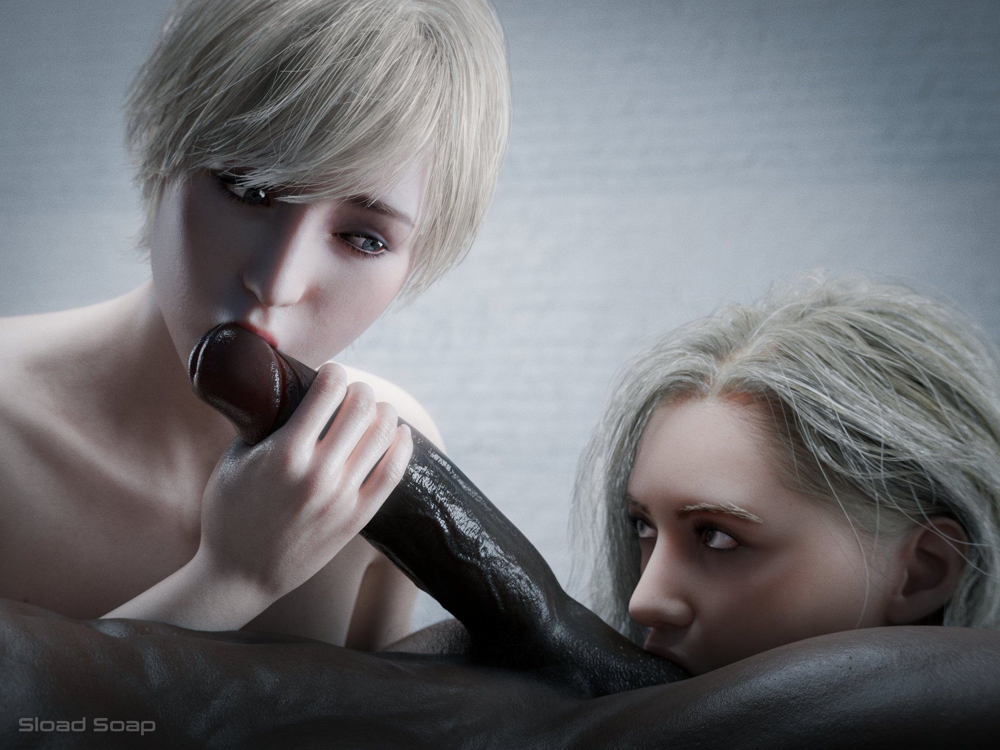 1boy, 2girls, 3d, 40 year old, ball sucking, big balls, big penis, blonde female, blonde hair, blowjob, blue eyes, completely nude, completely nude female, completely nude male, cougar, dark skin, dark-skinned male, double fellatio, fit, fit female, fit male, grace ashcroft, grace ashcroft (julia pratt), green eyes, hand on penis, horny, horny female, horny male, interracial, kissing, kissing balls, kissing penis, kissing penis tip, light hair, light skin, light-skinned female, looking at another, mature female, mature woman, older female and younger female, older female and younger male, penis awe, resident evil, resident evil 9: requiem, sherry birkin, sherry birkin (bridgette haze), short hair, sload soap, sucking, sucking balls, thin female, threesome, younger female, youthful, youthful face, youthful features, youthful look