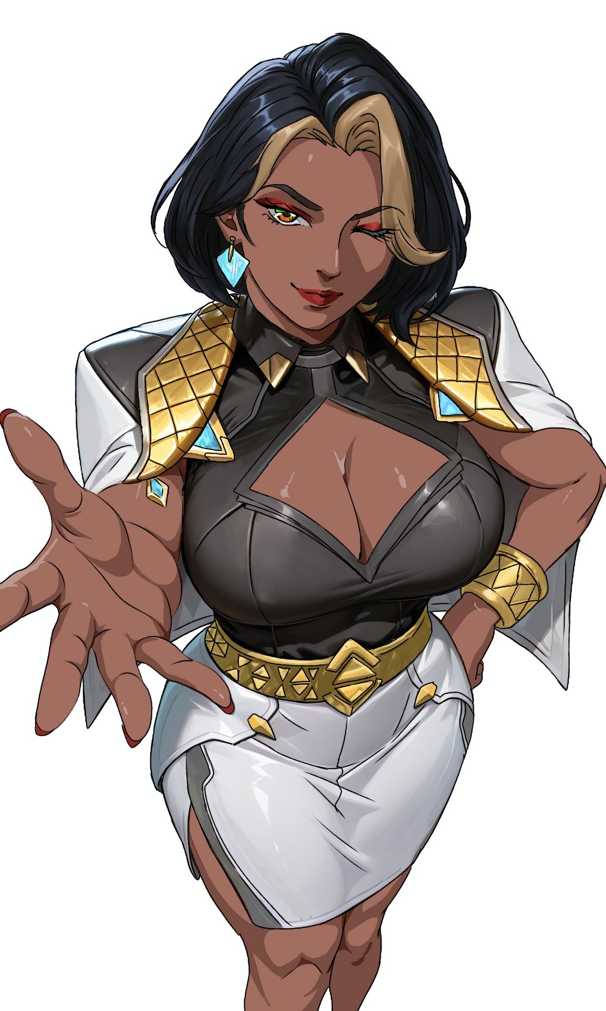 1girls, big body, big breasts, blizzard entertainment, breasts, brown eyes, cleavage, dark skin, dark-skinned female, domina, entertainment, large breasts, looking at viewer, one eye closed, overwatch, overwatch 2, reaching towards viewer, solo, solo female, vaira singhania