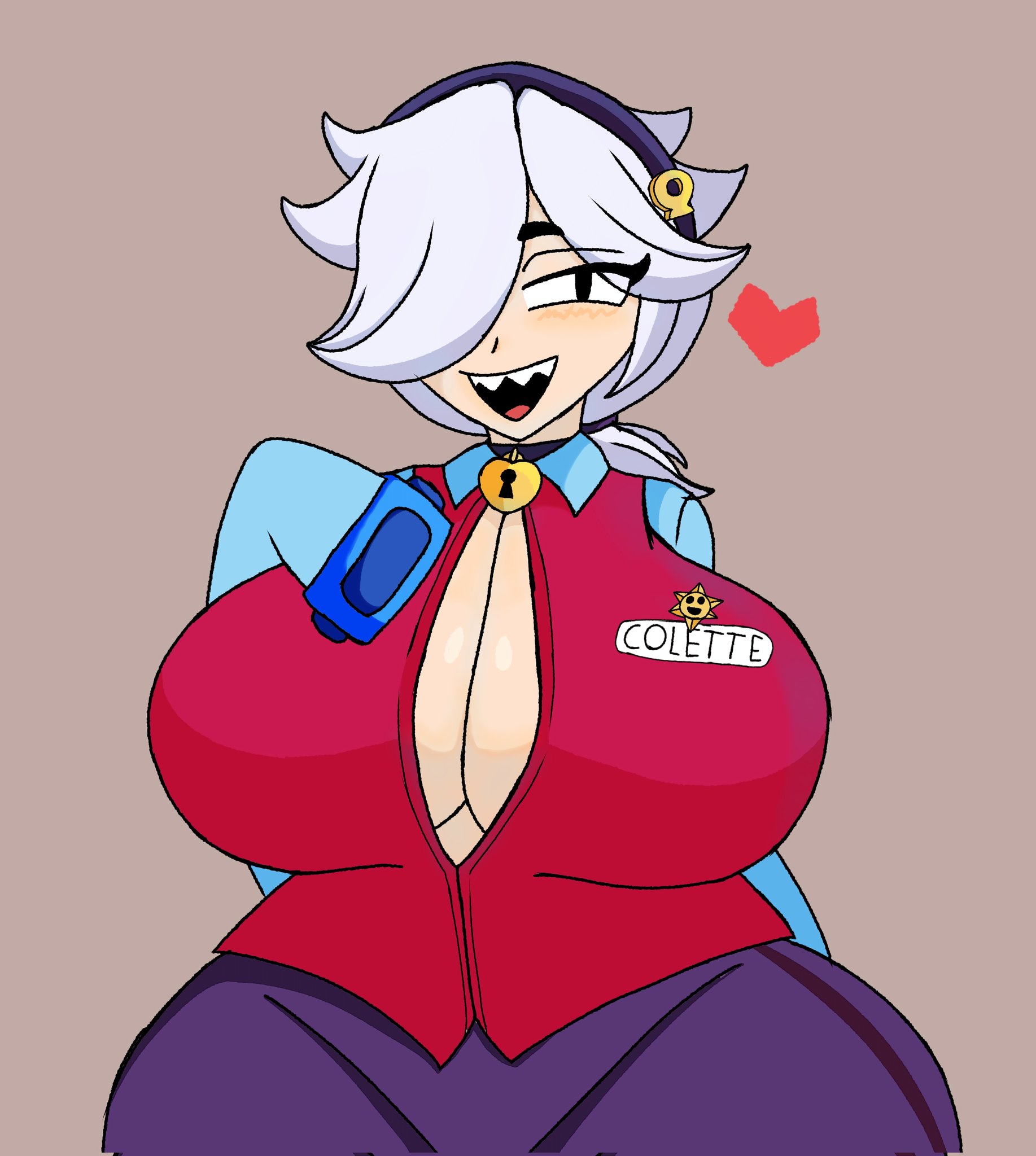 1girls, big breasts, blitswave, brawl stars, cleavage, cleavage cutout, clothed, clothed female, clothing, colette (brawl stars), female, female focus, female only, fluffy, fluffy hair, large breasts, long hair, mommy, mommy milkers, sharp teeth, sleeves past fingers, sleeves past wrists, solo, solo female, solo focus, white hair