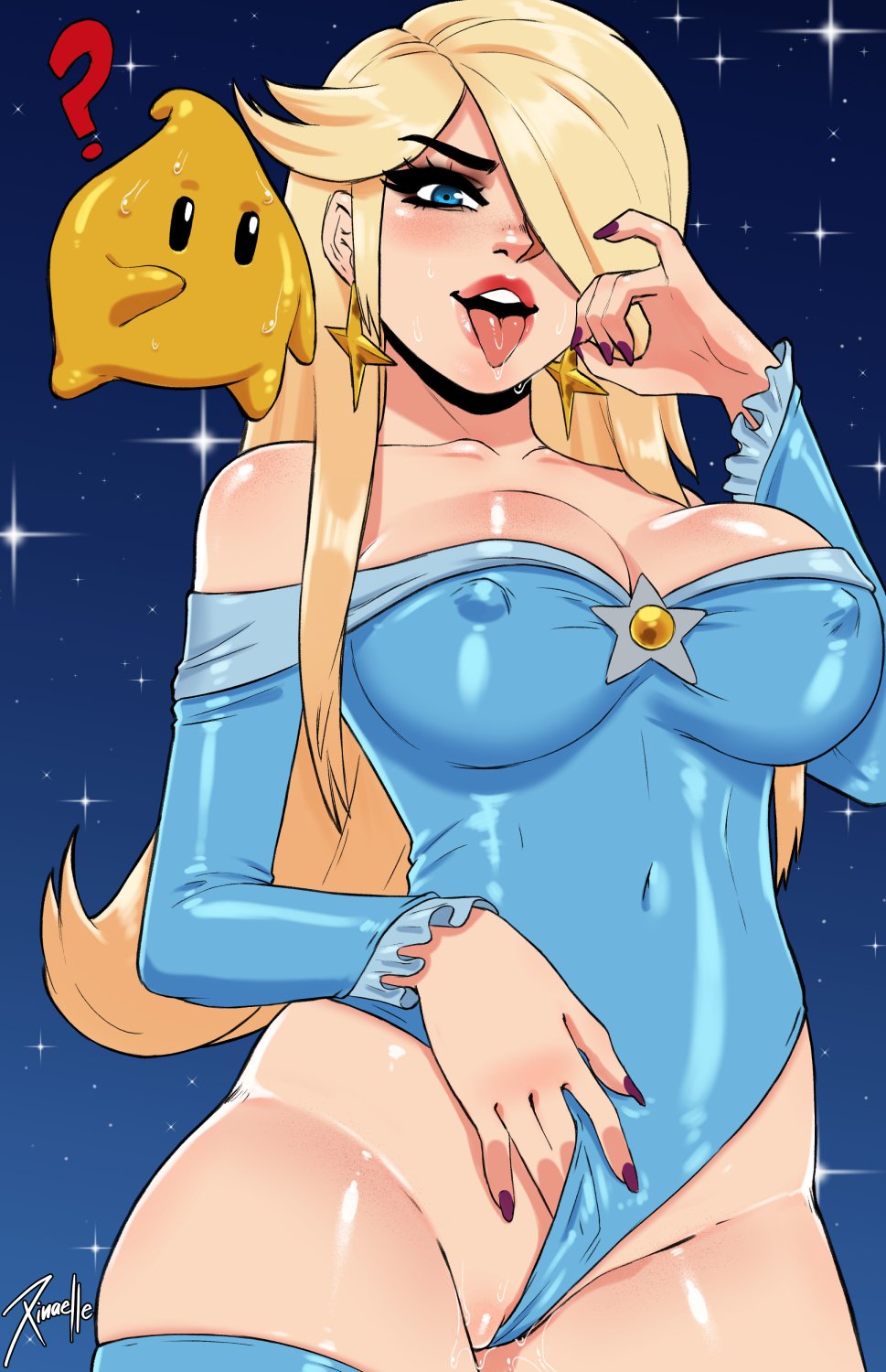 ?, 1girls, 2019, alternate version available, artist name, bare chest, bare shoulders, between labia, big breasts, blonde hair, blue eyes, breasts, clothing, curvy, earrings, female, female only, gesture, hair, hair over one eye, innie pussy, leotard, lipstick, long hair, long sleeves, luma, mario (series), nintendo, nipple bulge, princess, princess rosalina, pussy, seductive, sleeved leotard, solo focus, strapless leotard, super mario galaxy, tongue, tongue out, video games, watermark, xinaelle