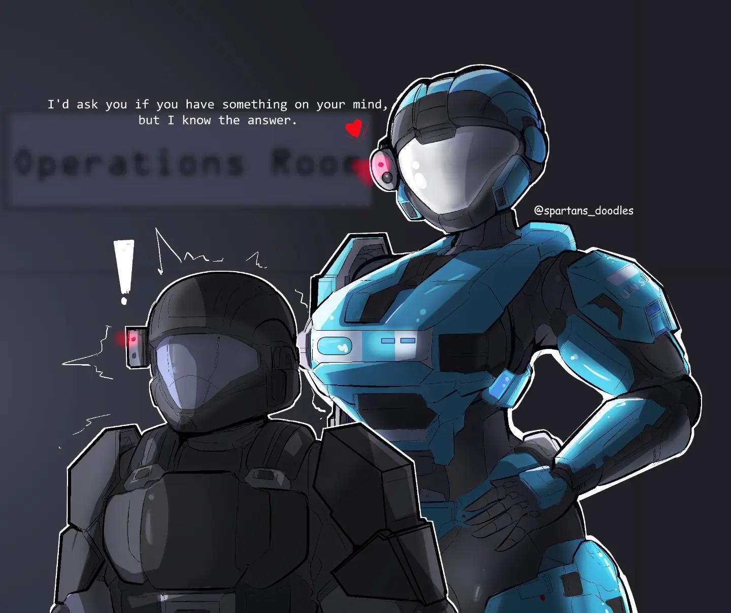 1boy, 1girls, 343 industries, alternate version at source, alternate version available, armor, artist name, assault visor, breastplate, breasts, bungie, catherine-b320, english text, female, female focus, female spartan (halo), halo (game), halo (series), halo 3 odst, halo reach, hand on own hip, head tilt, heart, heart symbol, height difference, helmet, kat-b320, male, male/female, microsoft, odst, power armor, size difference, spartan (halo), spartan iii (halo), spartandoodles, surprised, tall female, taller female, tremble lines, trembling, waist