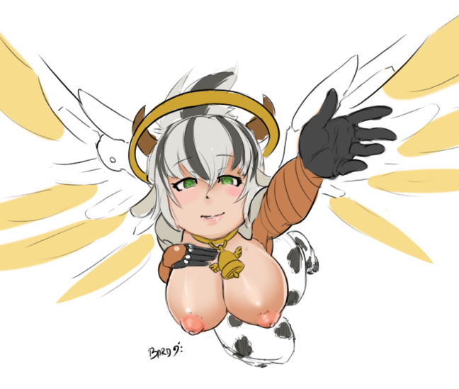 bard-bot blank_background cow_girl female horns mercy_(cosplay) overwatch overwatch_2 smiling solo wings