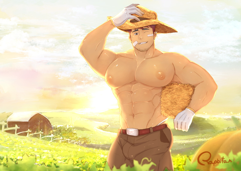 1boy abs adonis_belt areolae bandaid bara barely_clothed barn belt big_nipples big_pecs brown_eyes brown_hair bulge busty cheeky chipped_tooth clothed cute detailed_background ear_piercing facial_hair farm farmer gloves grin half-dressed hat hay_bale large_areolae light_skin looking_at_viewer male_only moobs muscular nipple_holes nipples outdoors pants pecs piercing puffy_nipples pumpkin pumpkin_patch rapbitan shiny_skin sky smile solo straw_hat stubble suggestive sunlight sunrise tipping_hat tooth_gap topless valley wink